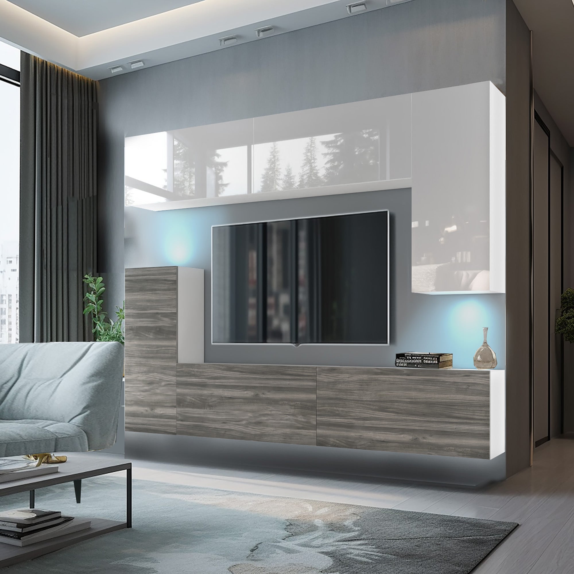 Wohnwand 8W/GW mit LED Beleuchtung, Ohne Griffe. Breite 250 cm, Front Farbe wählbar