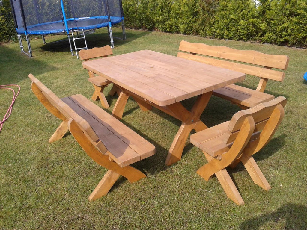 Gartenmöbel OW, Holzgartenmöbel, Tisch 180cm + 2 x Bank + 2 x Stuhl