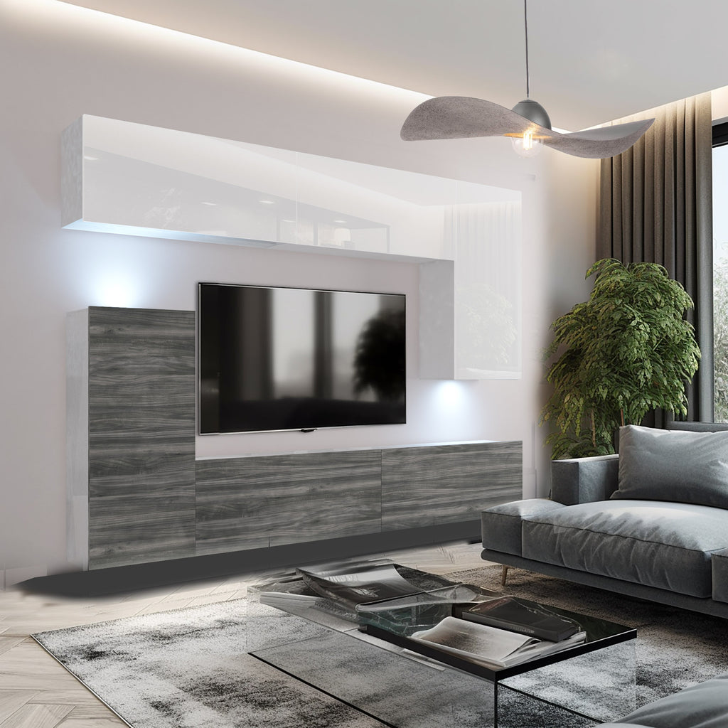 Wohnwand 8W/GW mit LED Beleuchtung, Ohne Griffe. Breite 250 cm, Front Farbe wählbar