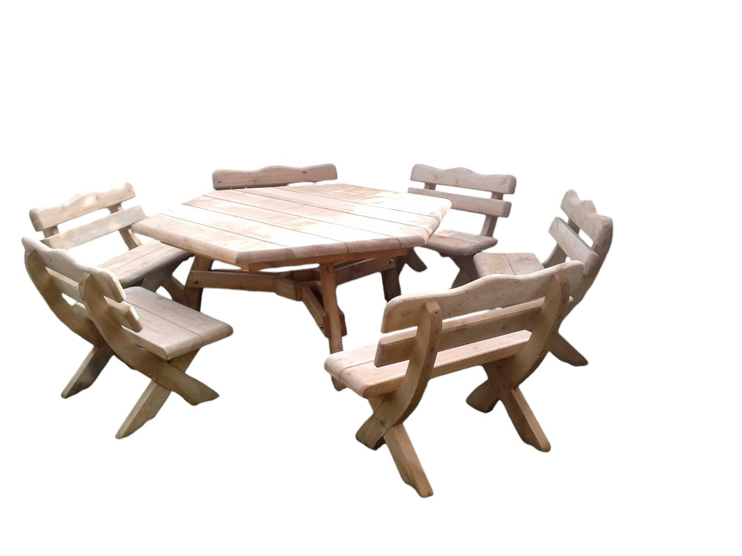 Gartenmöbel S-12NH, Tisch mit 6 Kleinen Bänken, Für 12 Personen, Farbe Naturholz