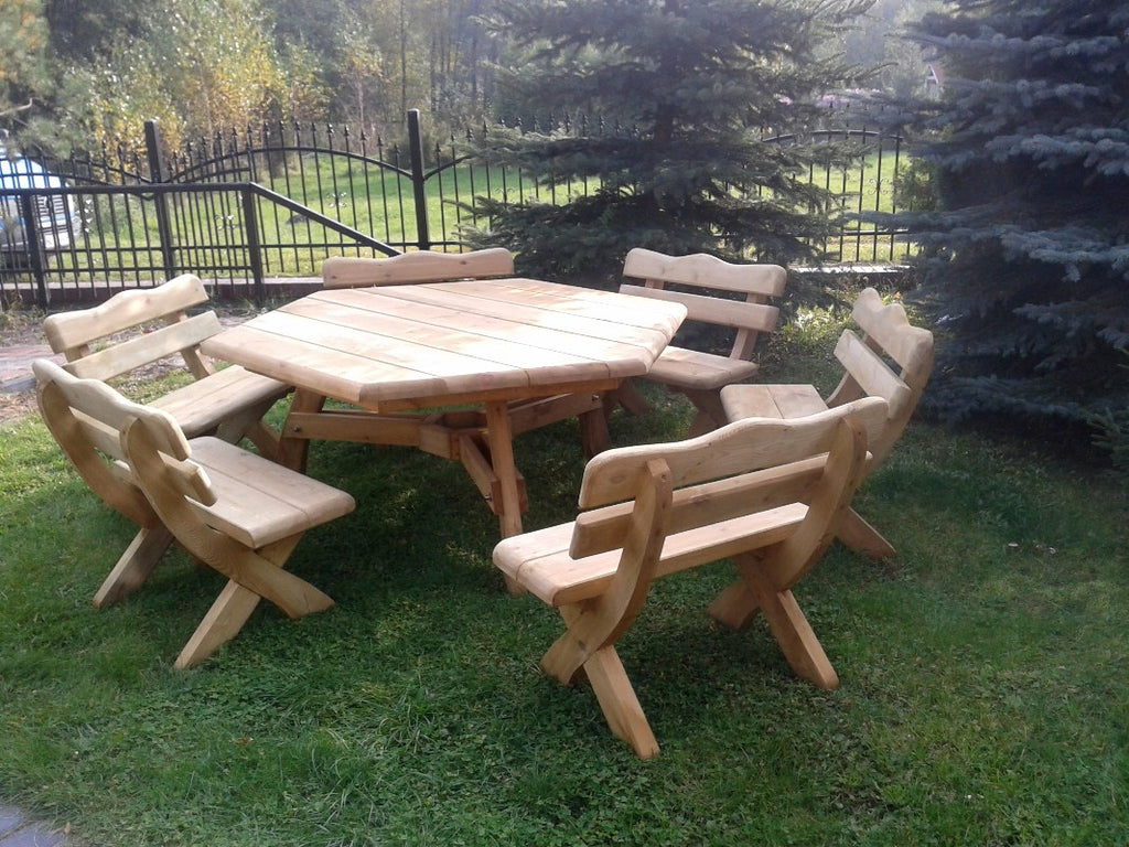 Gartenmöbel S-12NH, Tisch mit 6 Kleinen Bänken, Für 12 Personen, Farbe Naturholz