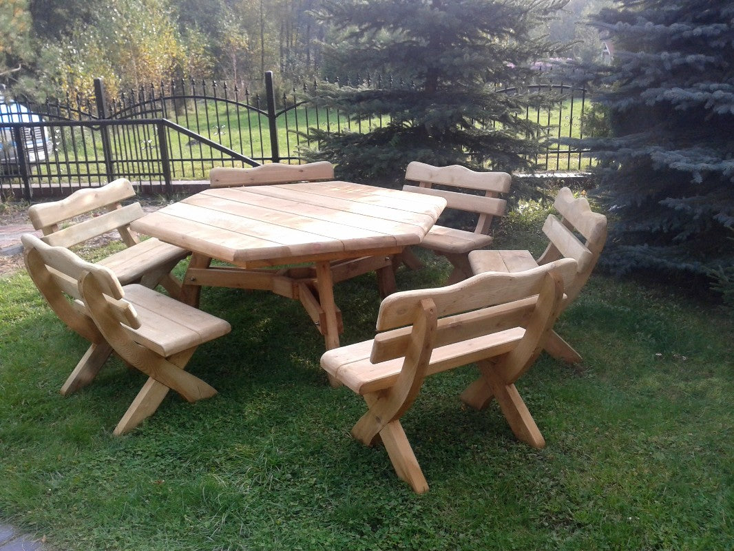 Gartenmöbel S-12NH, Tisch mit 6 Kleinen Bänken, Für 12 Personen, Farbe Naturholz