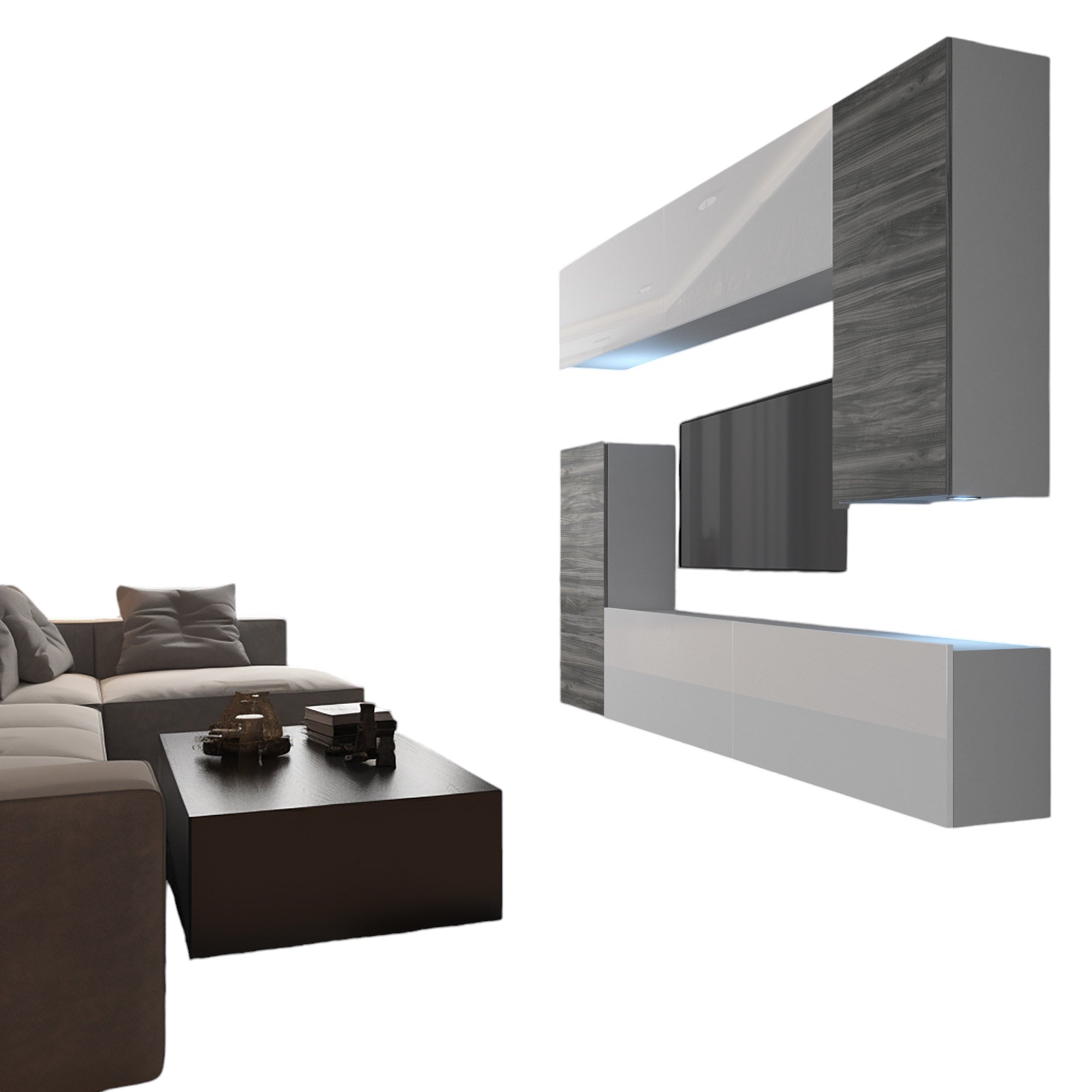 Wohnwand 8W/GW mit LED Beleuchtung, Ohne Griffe. Breite 250 cm, Front Farbe wählbar