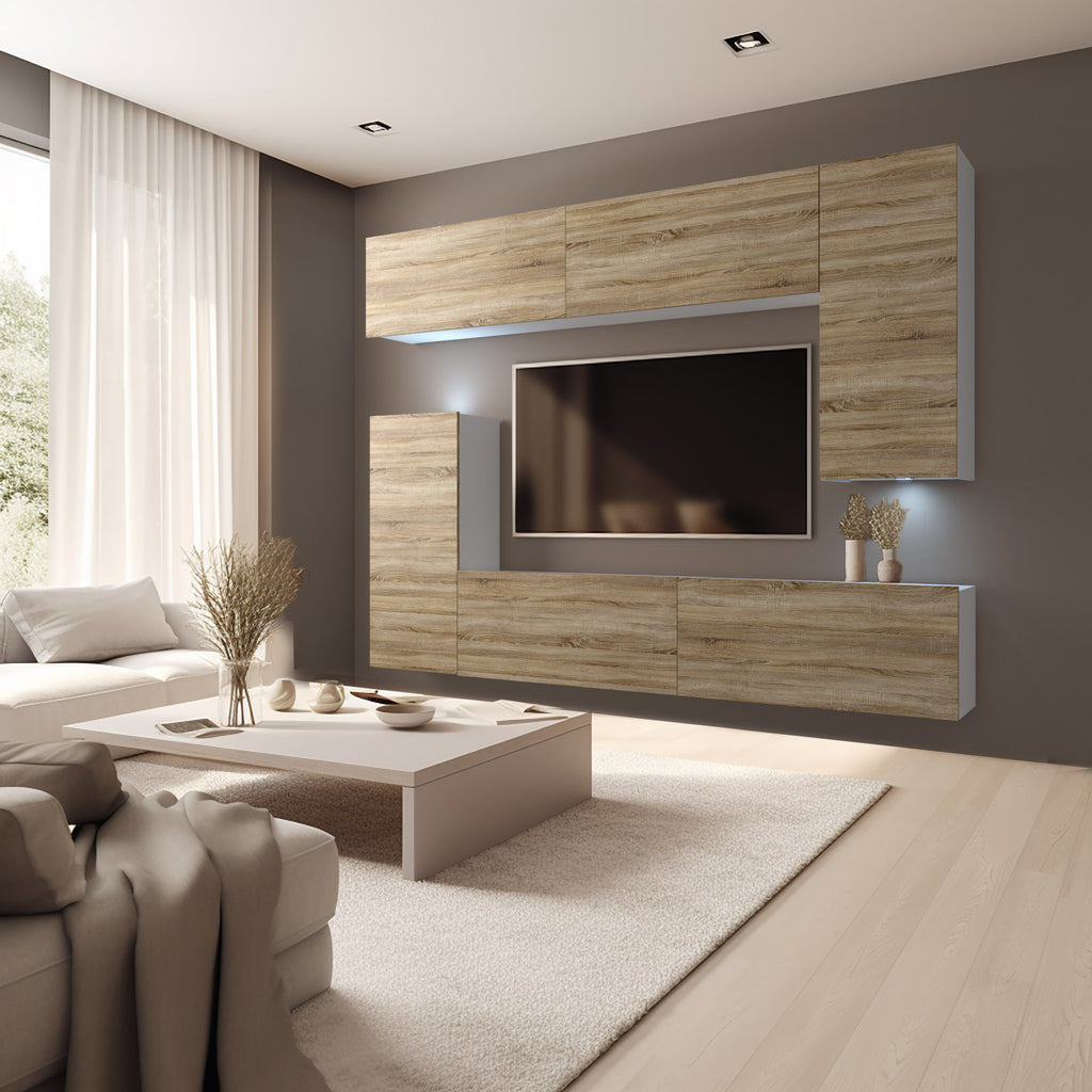 Wohnwand 8W/DS mit LED Beleuchtung, Ohne Griffe. Breite 250 cm, Front Farbe wählbar