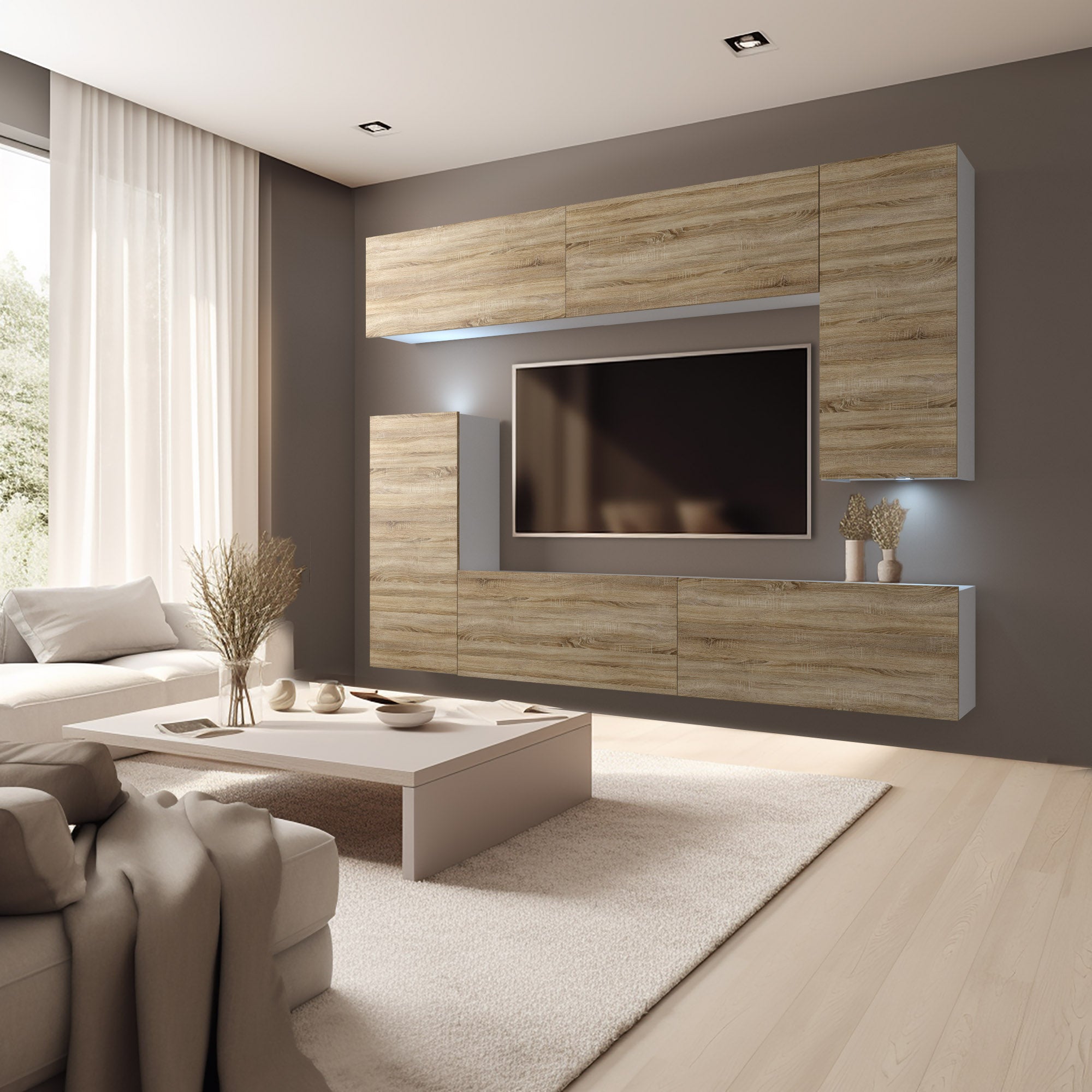 Wohnwand 8W/DS mit LED Beleuchtung, Ohne Griffe. Breite 250 cm, Front Farbe wählbar