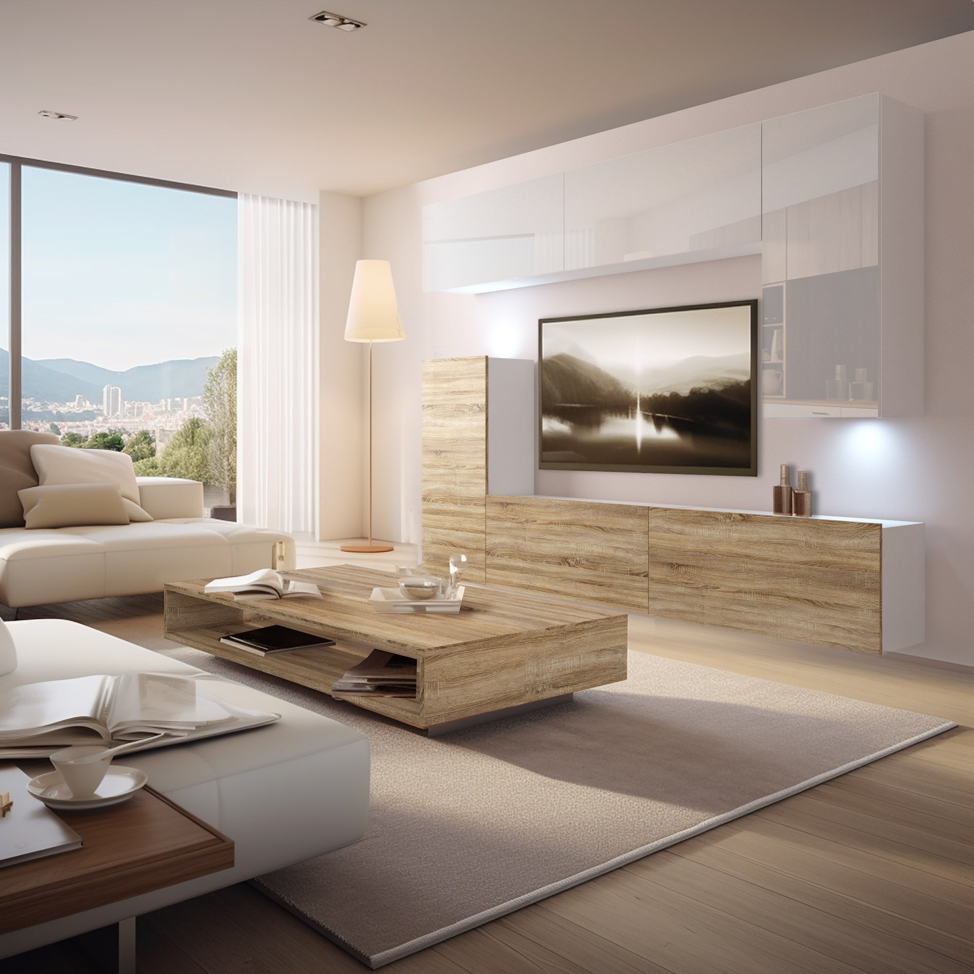 Wohnwand 8W/DS mit LED Beleuchtung, Ohne Griffe. Breite 250 cm, Front Farbe wählbar