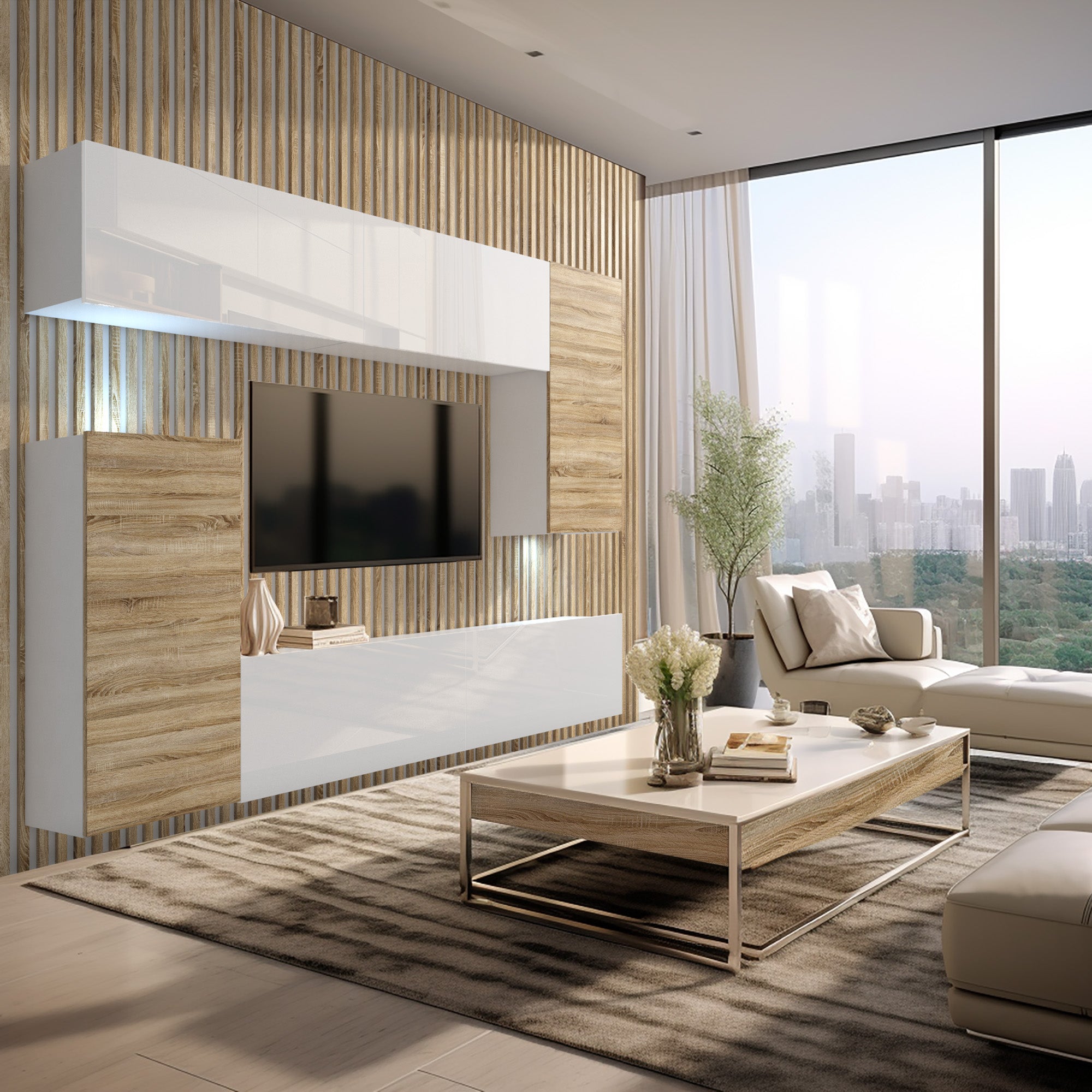 Wohnwand 8W/DS mit LED Beleuchtung, Ohne Griffe. Breite 250 cm, Front Farbe wählbar