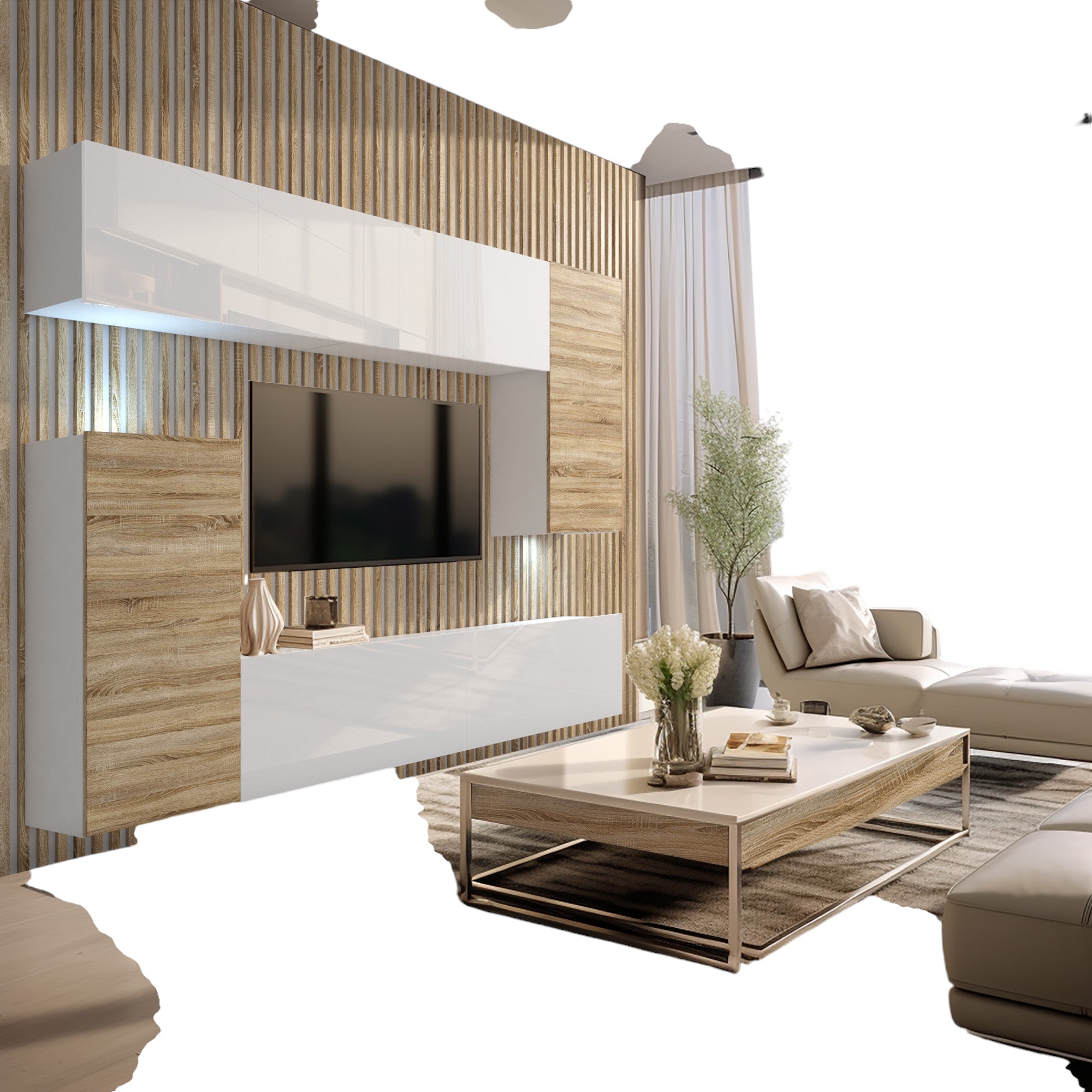 Wohnwand 8W/DS mit LED Beleuchtung, Ohne Griffe. Breite 250 cm, Front Farbe wählbar