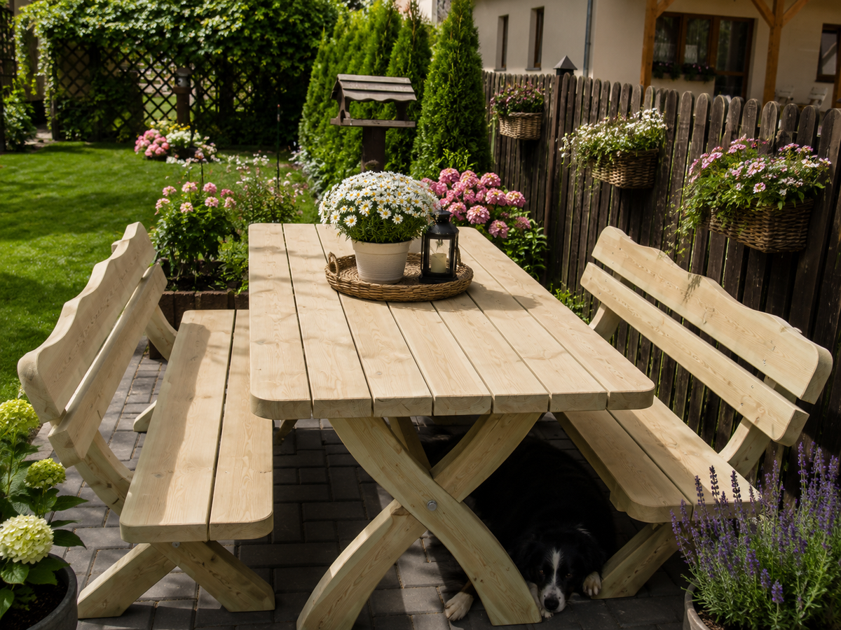 Gartenmöbel OI, Holzgartenmöbel, Tisch 180cm + 2 x Bank