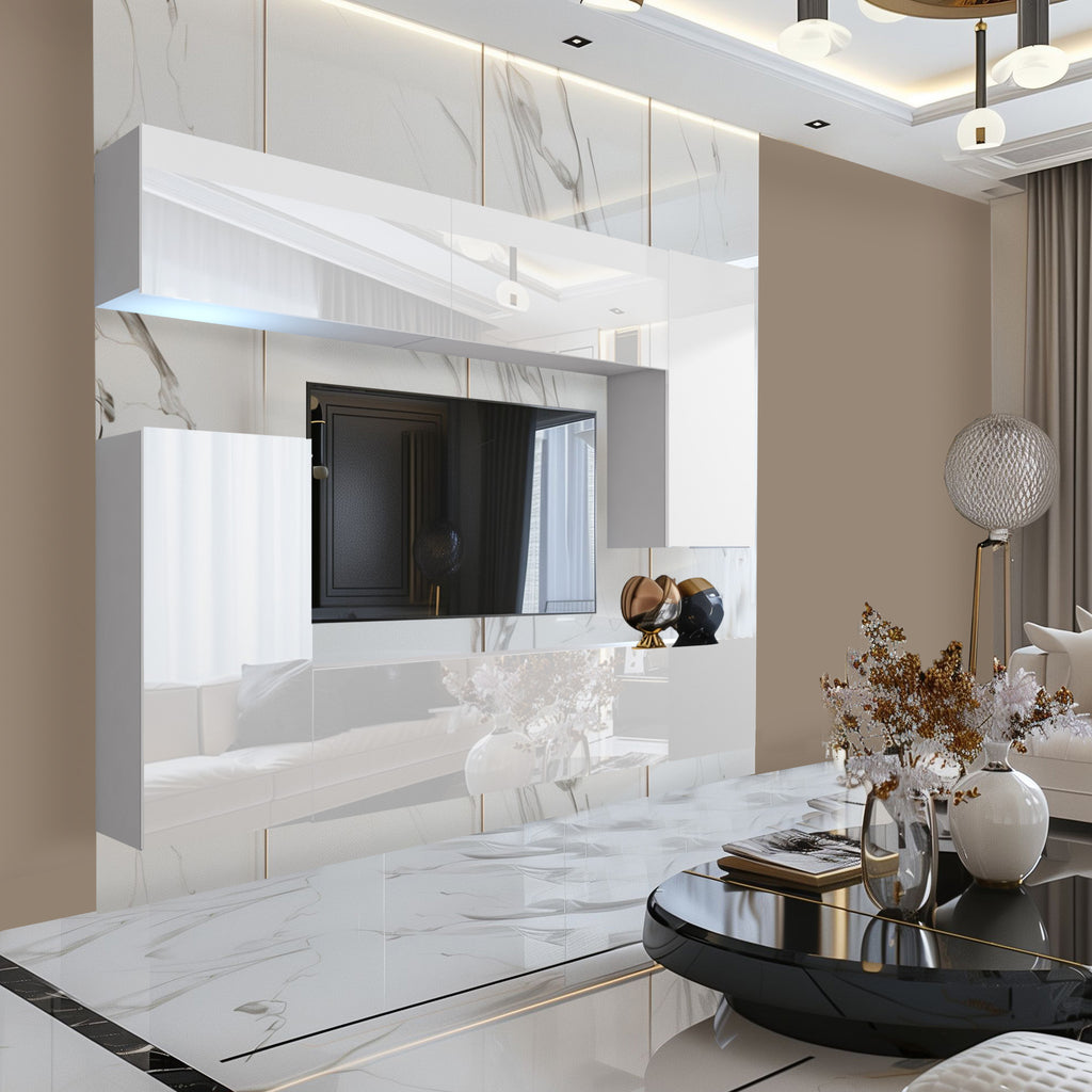 Wohnwand 8W/B mit LED Beleuchtung, Ohne Griffe. Breite 250 cm, Front Farbe wählbar