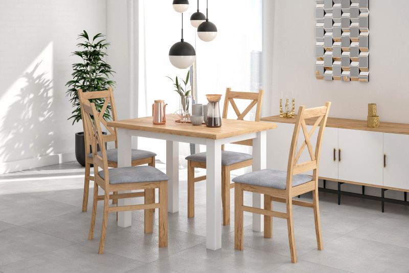 Essgruppe A63, Esszimmer Set , Esstisch mit 4 Stühlen. Farbe Goldene Eiche/Weiß