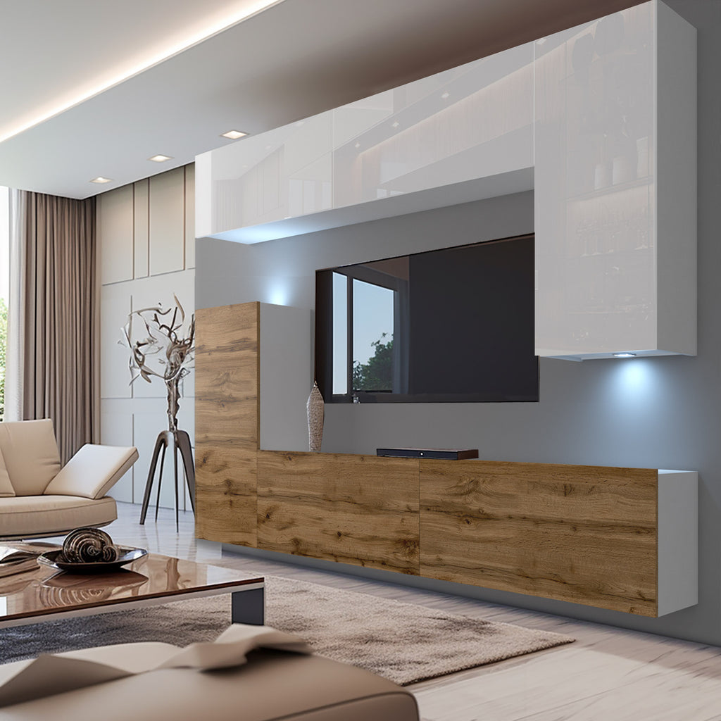 Wohnwand 8 DW/W mit LED Beleuchtung, Ohne Griffe. Breite 250 cm, Front Farbe Wotan