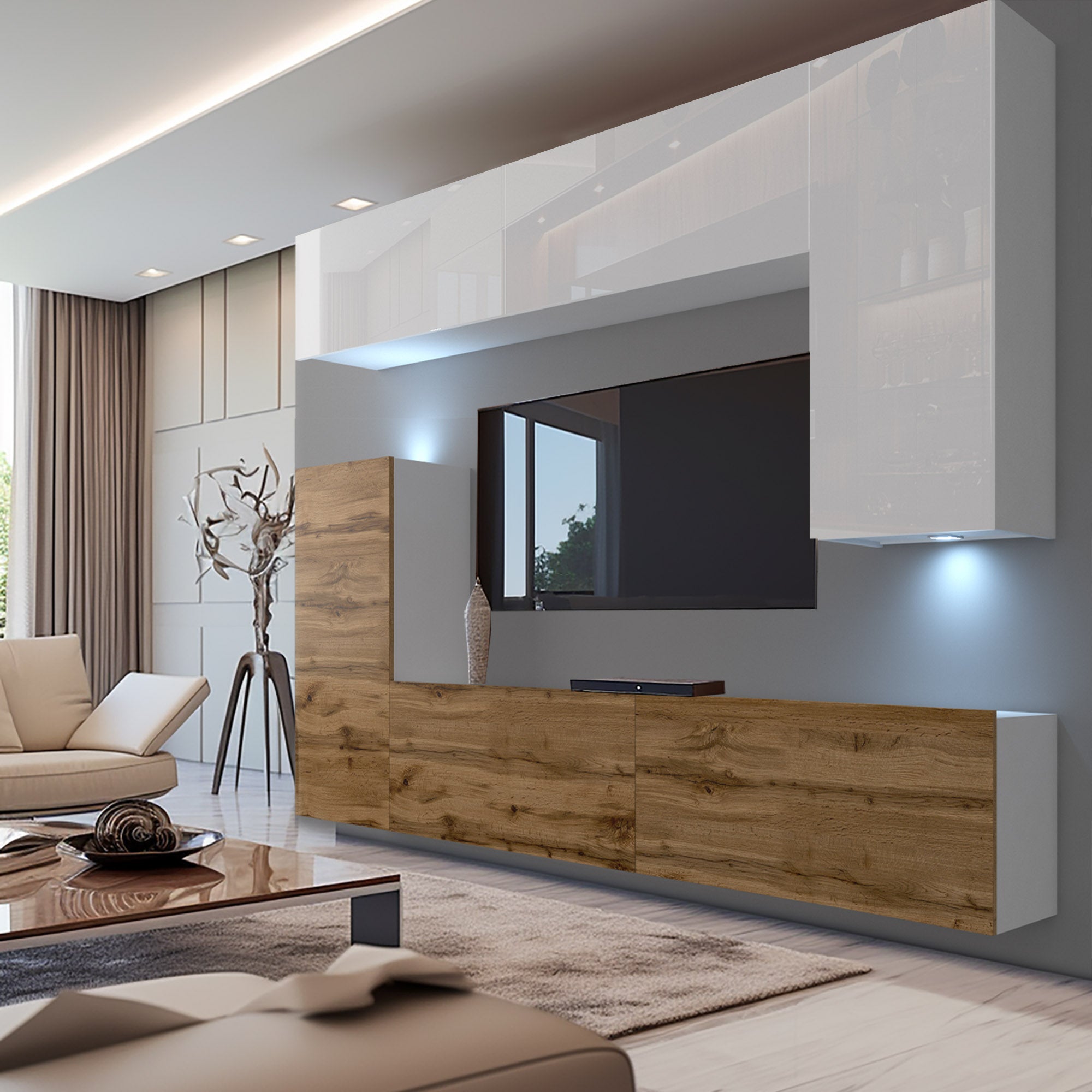 Wohnwand 8 DW/W mit LED Beleuchtung, Ohne Griffe. Breite 250 cm, Front Farbe Wotan