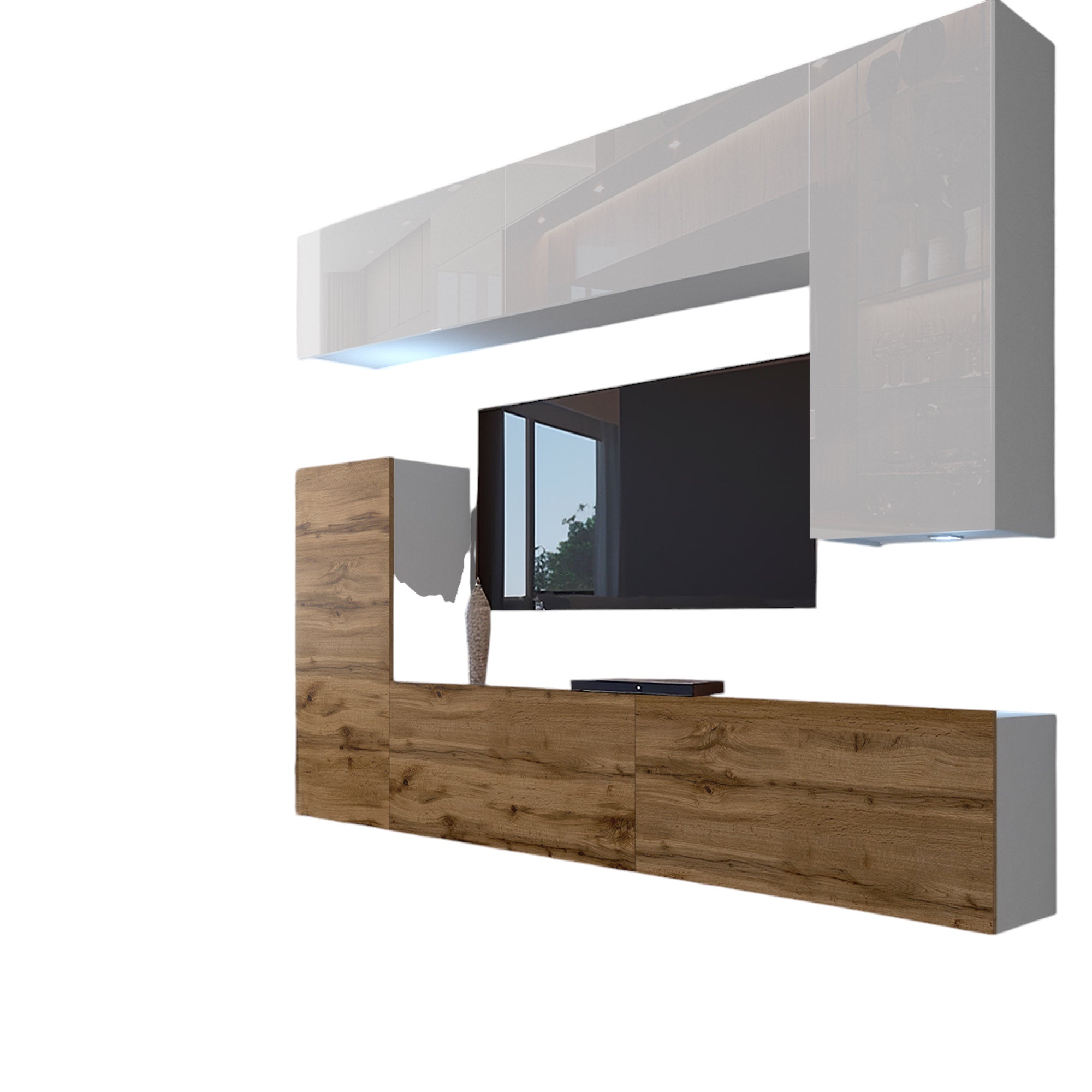 Wohnwand 8 DW/W mit LED Beleuchtung, Ohne Griffe. Breite 250 cm, Front Farbe Wotan