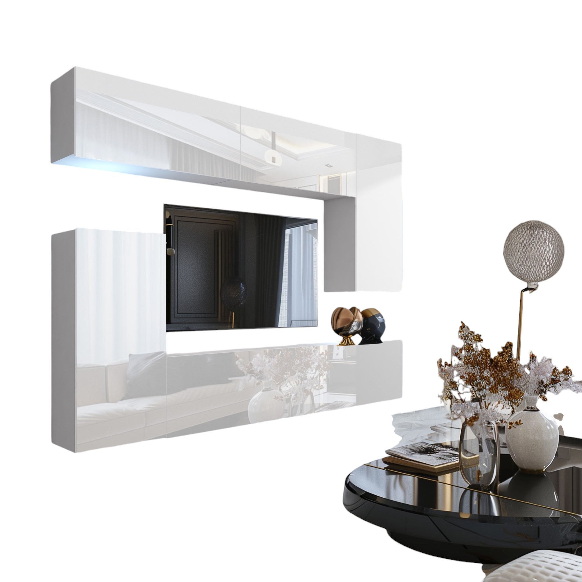 Wohnwand 8W/B mit LED Beleuchtung, Ohne Griffe. Breite 250 cm, Front Farbe wählbar