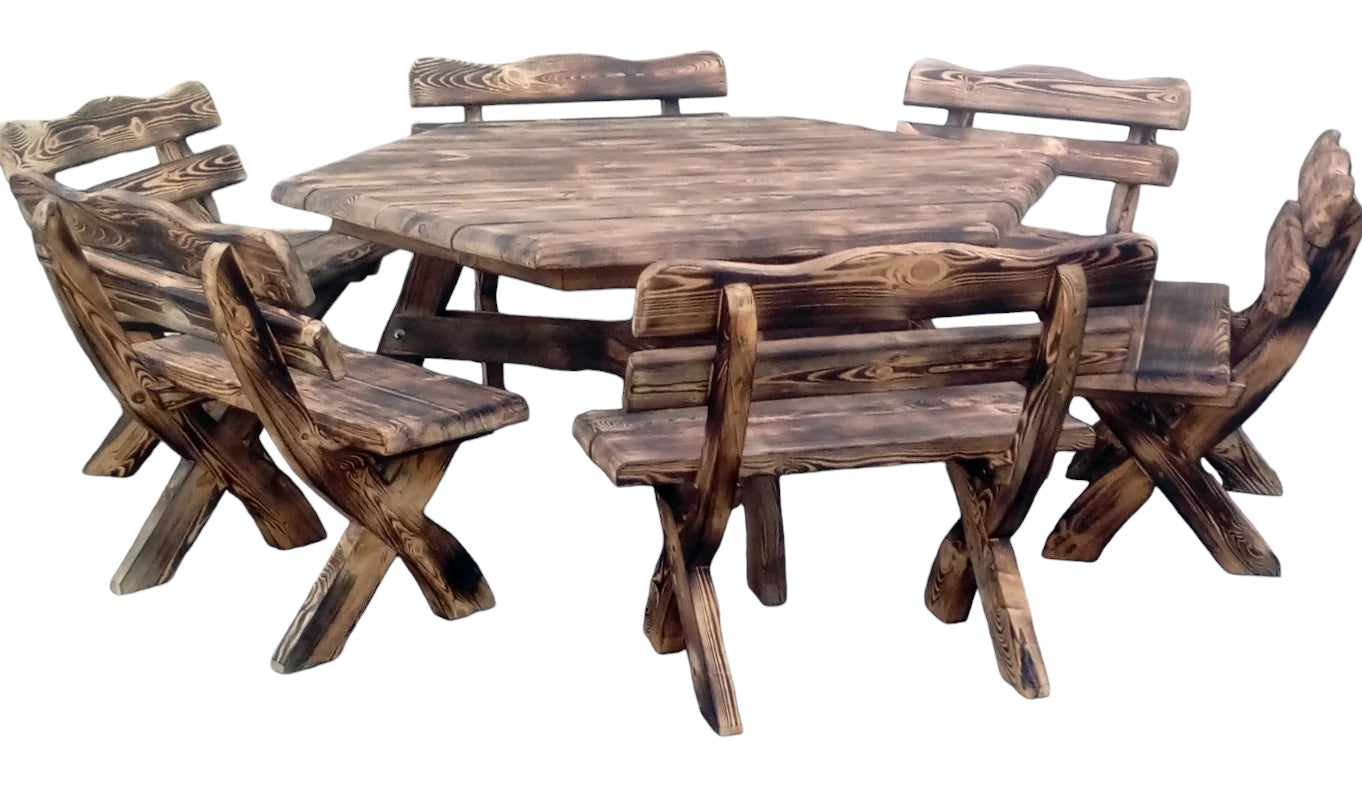 Gartenmöbel S-12, Tisch mit 6 Kleinen Bänken, Für 12 Personen, Farbe Geflammt