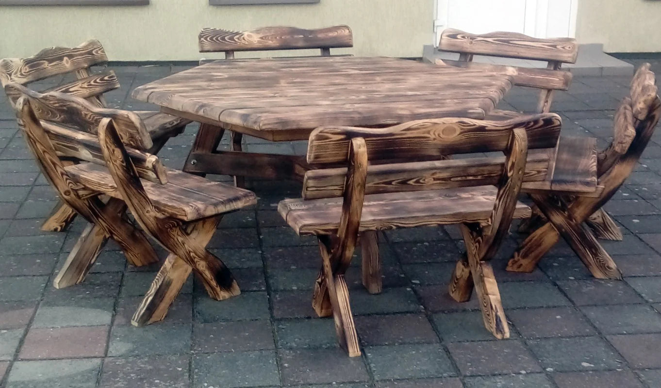 Gartenmöbel S-12, Tisch mit 6 Kleinen Bänken, Für 12 Personen, Farbe Geflammt