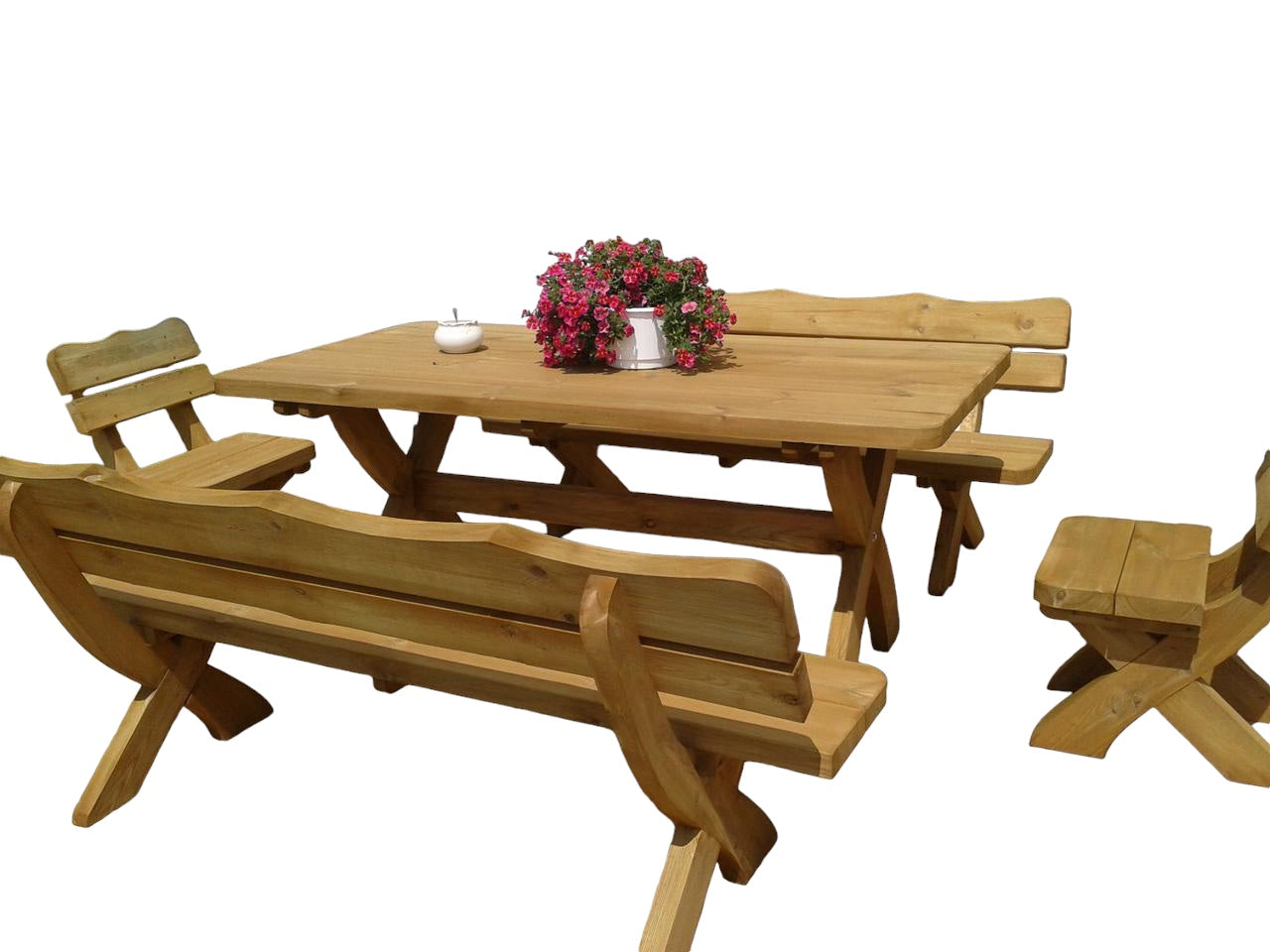 Gartenmöbel IM, Holzgartenmöbel, Tisch 180cm + 2 x Bank + 2 x Stuhl