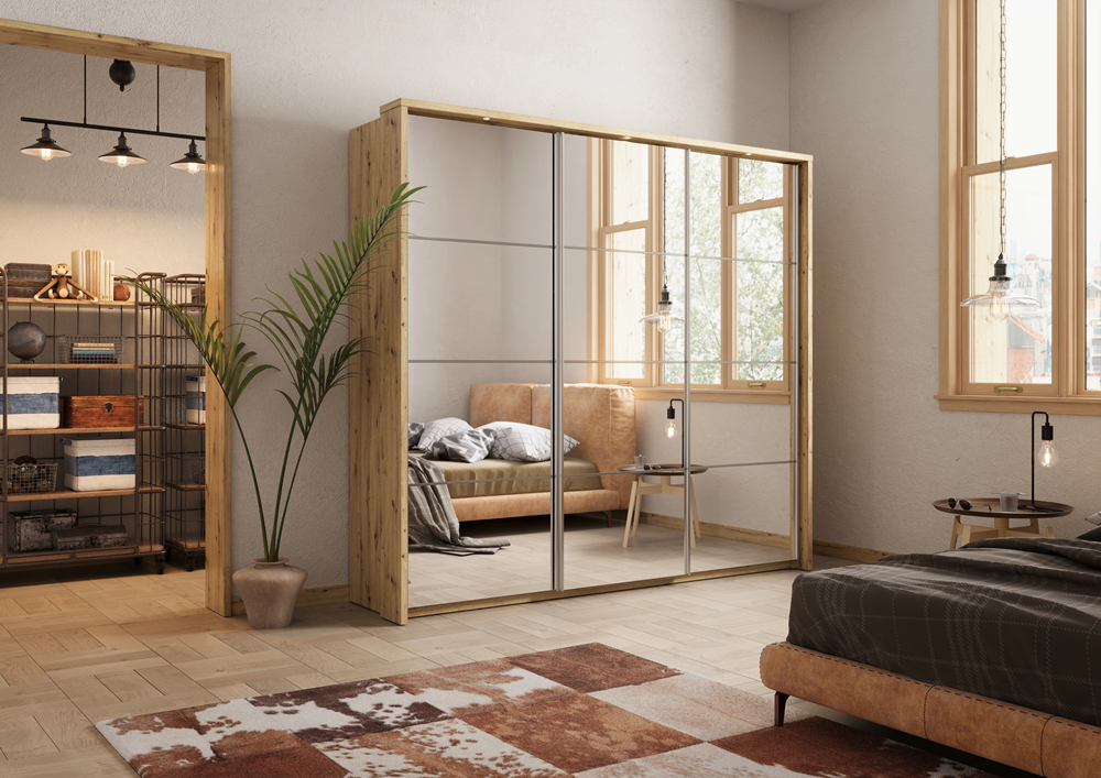 Kleiderschrank , -27 mit Spiegel. Breite 240 cm. Farbe Eiche Shetland