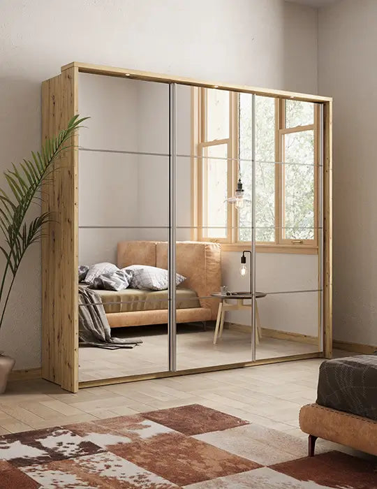 Kleiderschrank , -27 mit Spiegel. Breite 240 cm. Farbe Eiche Shetland