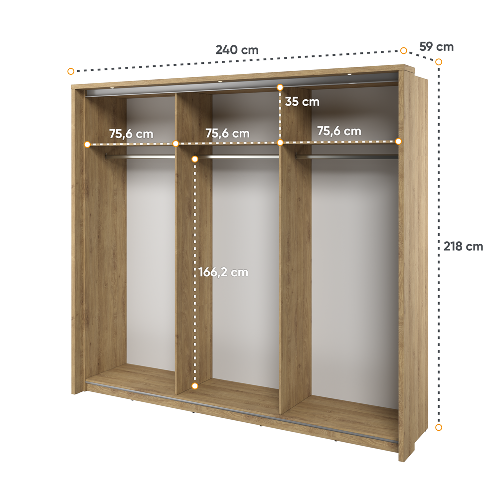 Kleiderschrank , -27 mit Spiegel. Breite 240 cm. Farbe Eiche Shetland