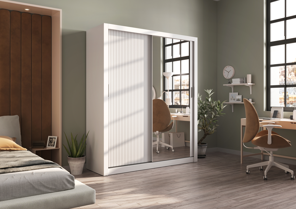 Kleiderschrank , -28 Schwebetürenschrank mit Spiegel. Breite 180 cm. Farbe Weiß Matt