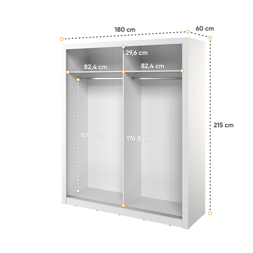 Kleiderschrank , -28 Schwebetürenschrank mit Spiegel. Breite 180 cm. Farbe Weiß Matt