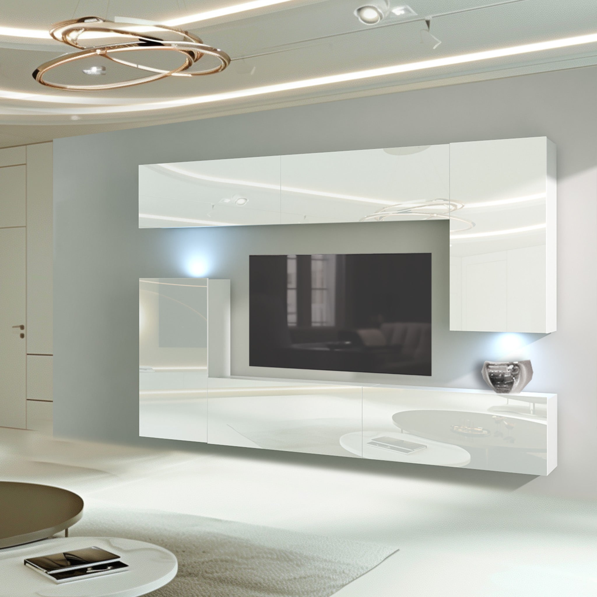 Wohnwand 8W/B mit LED Beleuchtung, Ohne Griffe. Breite 250 cm, Front Farbe wählbar