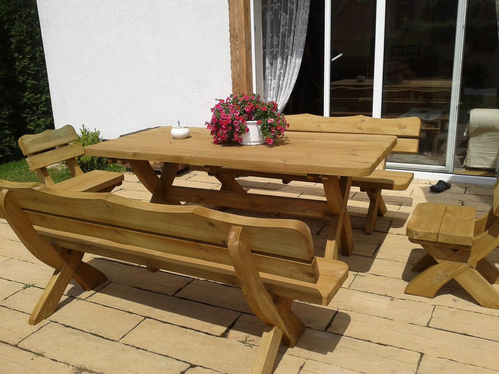 Gartenmöbel IM, Holzgartenmöbel, Tisch 180cm + 2 x Bank + 2 x Stuhl
