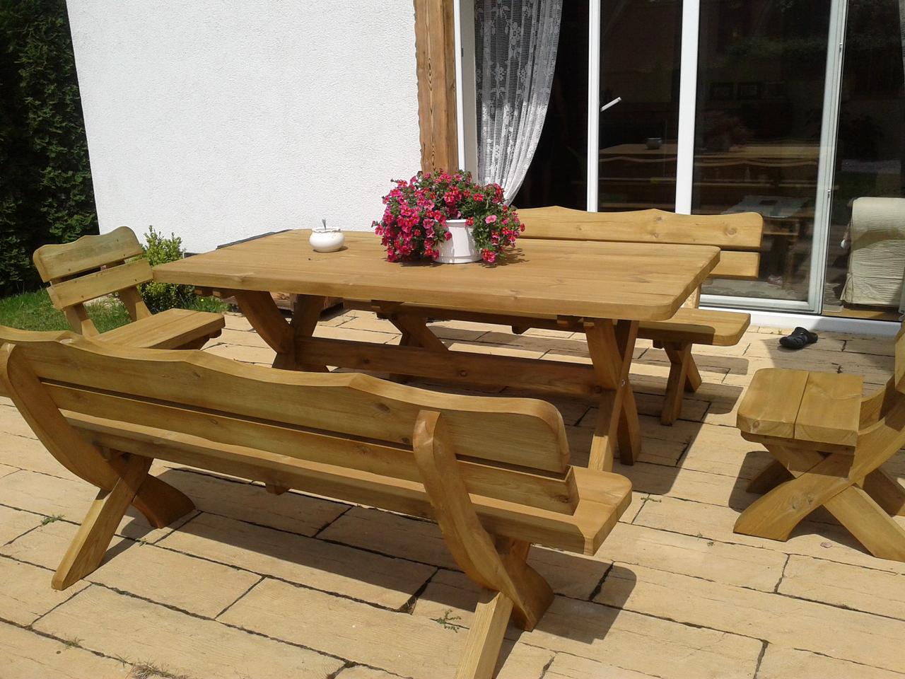 Gartenmöbel IM, Holzgartenmöbel, Tisch 180cm + 2 x Bank + 2 x Stuhl