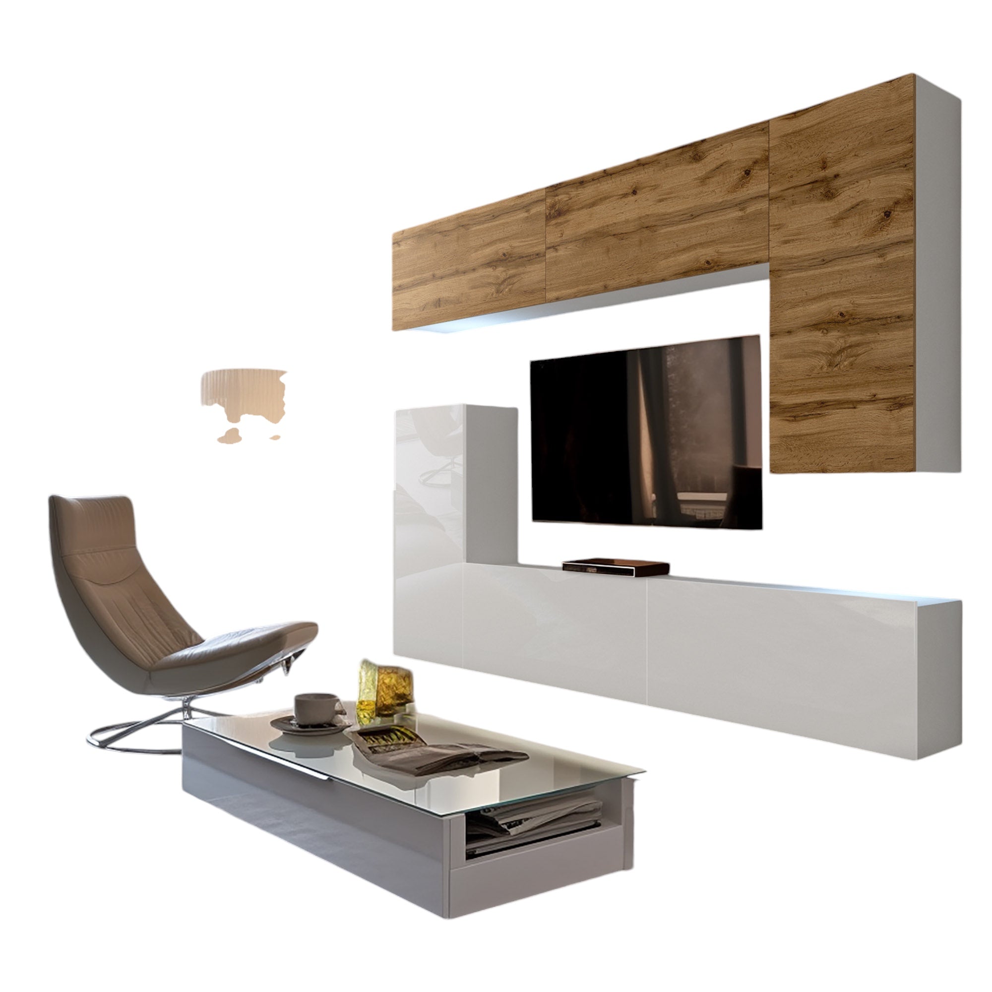 Wohnwand 8 DW/W mit LED Beleuchtung, Ohne Griffe. Breite 250 cm, Front Farbe Wotan