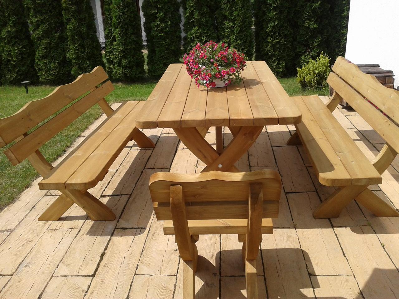 Gartenmöbel IM, Holzgartenmöbel, Tisch 180cm + 2 x Bank + 2 x Stuhl