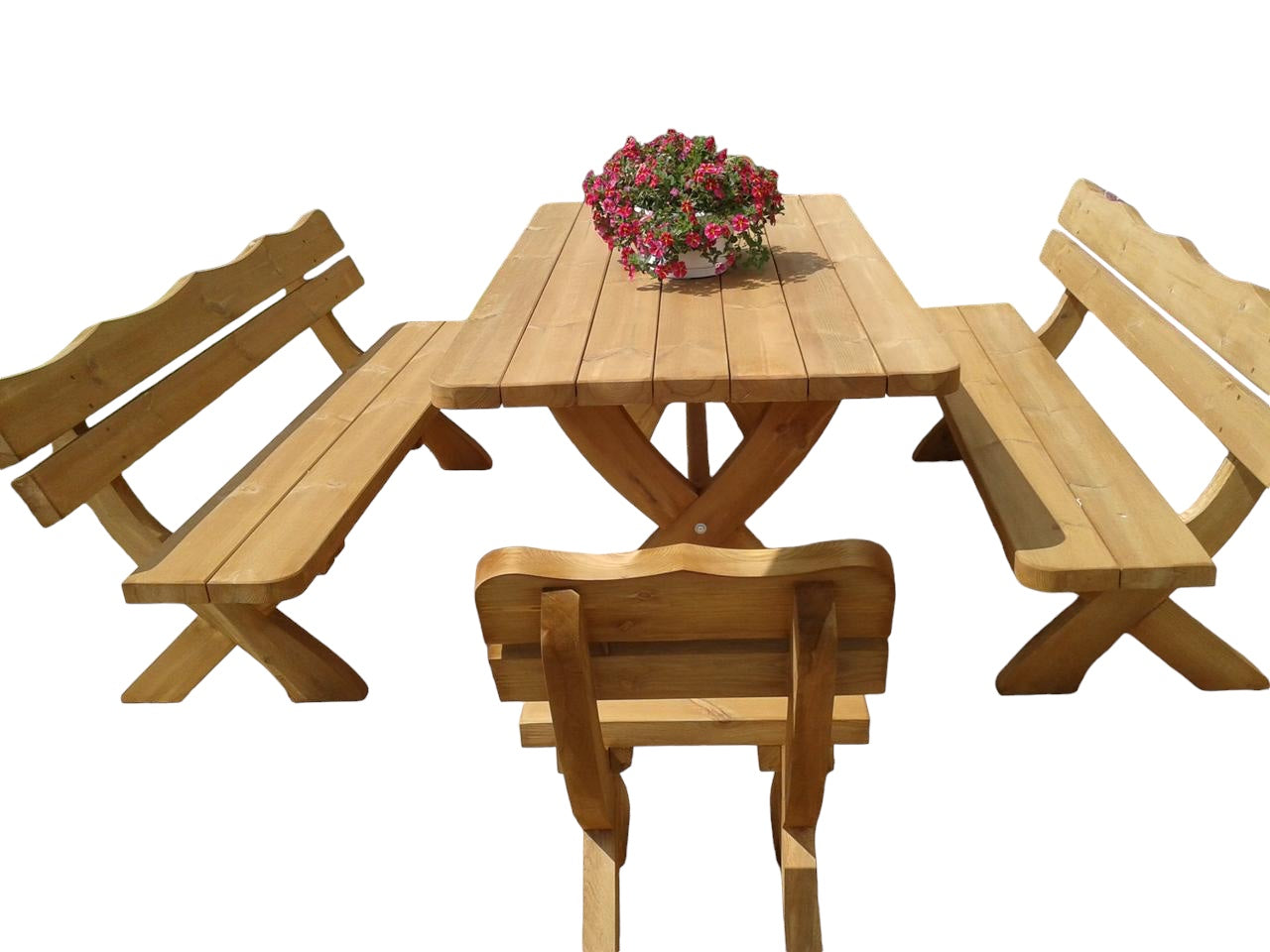 Gartenmöbel IM, Holzgartenmöbel, Tisch 180cm + 2 x Bank + 2 x Stuhl