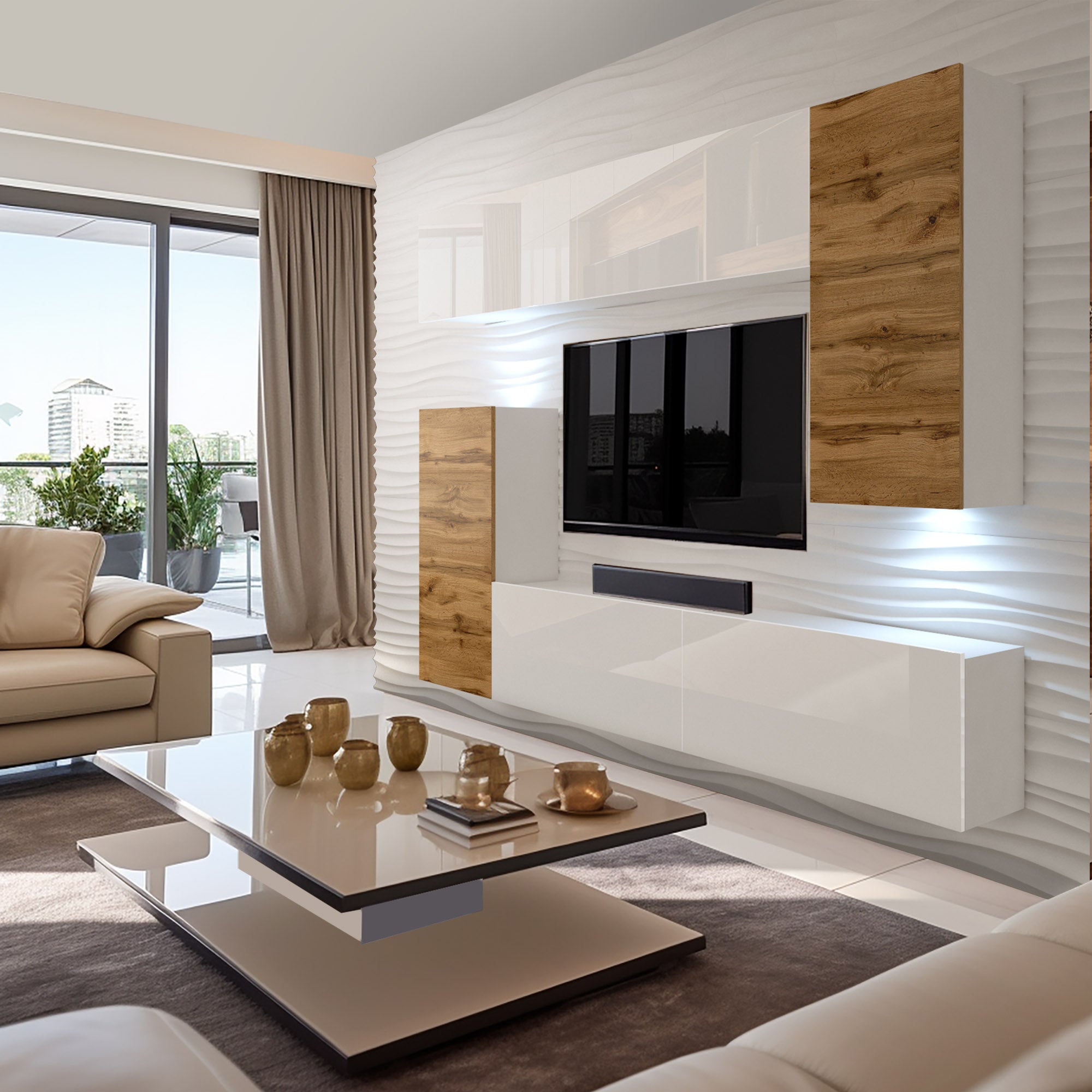 Wohnwand 8 DW/W mit LED Beleuchtung, Ohne Griffe. Breite 250 cm, Front Farbe Wotan