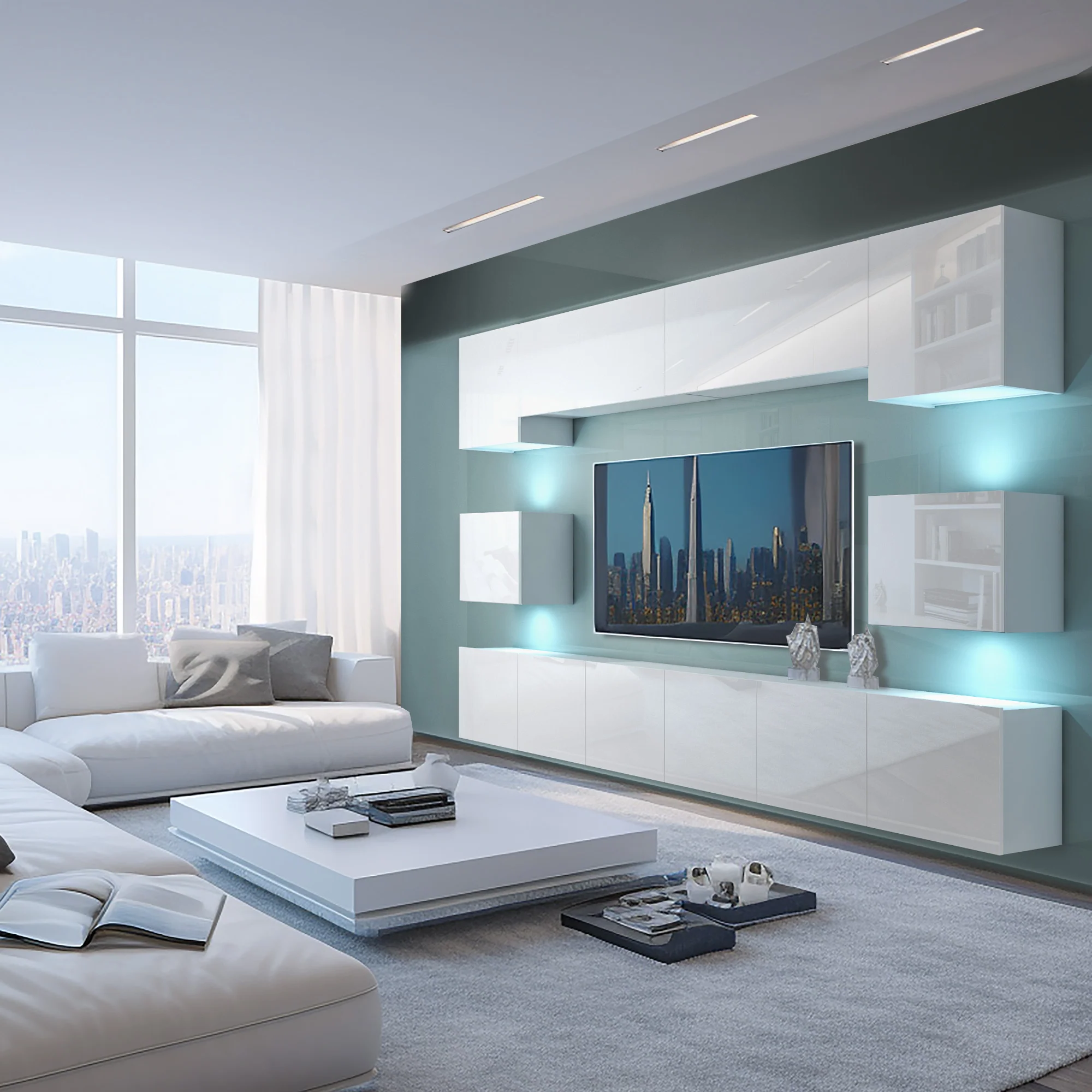 Wohnwand 3W-A mit LED Beleuchtung, Ohne Griffe. Breite 300 cm, Farbe Weiß