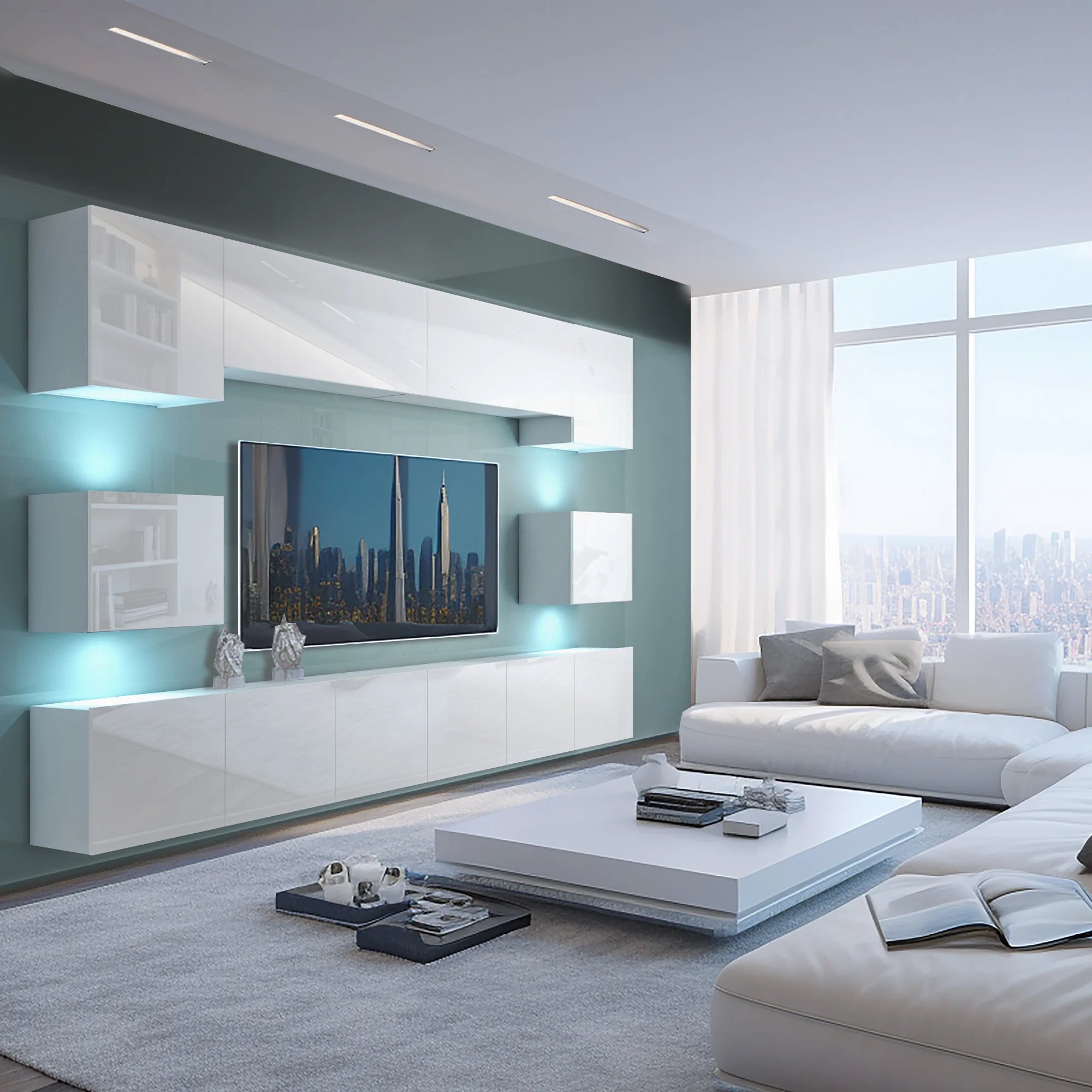 Wohnwand 3W-A mit LED Beleuchtung, Ohne Griffe. Breite 300 cm, Farbe Weiß