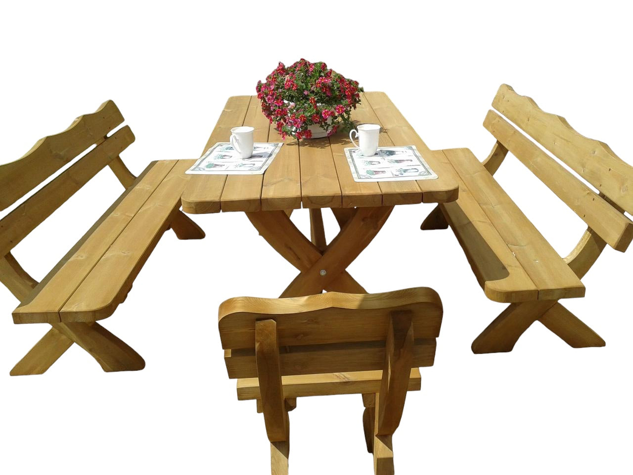 Gartenmöbel IM, Holzgartenmöbel, Tisch 180cm + 2 x Bank + 2 x Stuhl