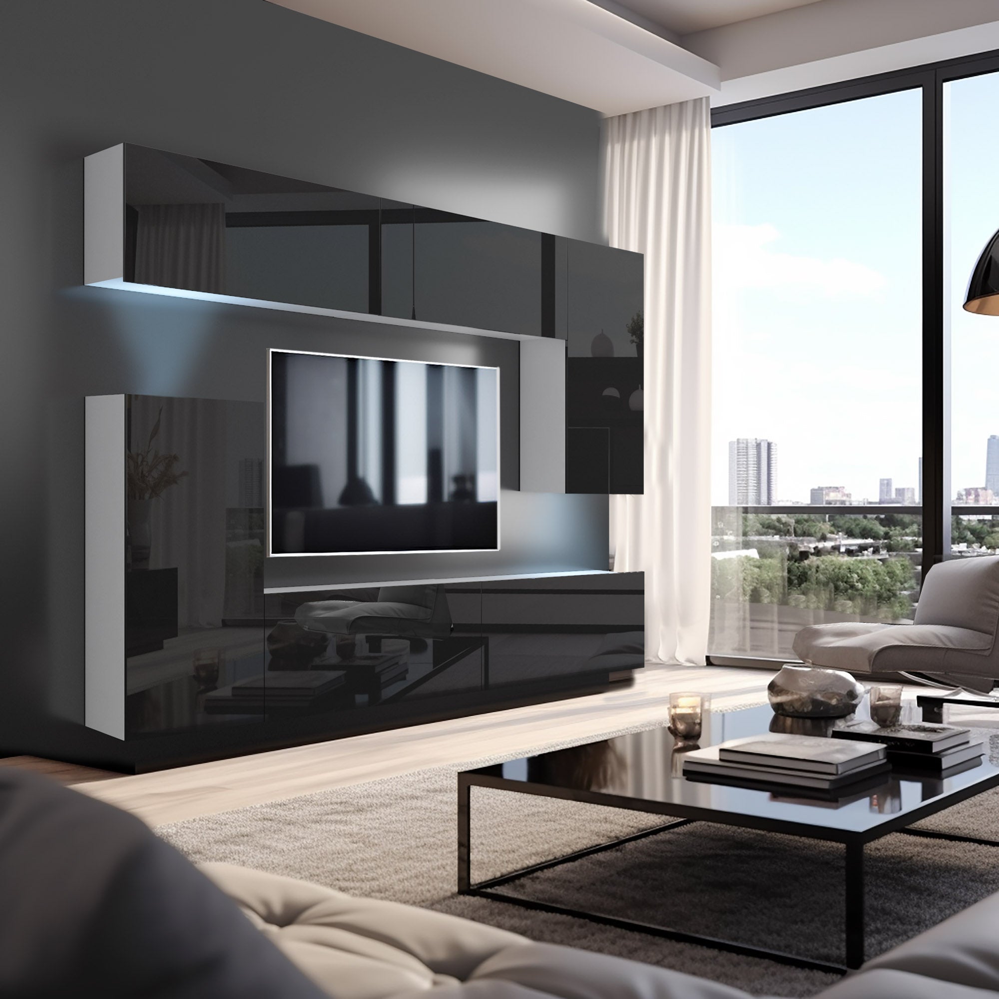 Wohnwand 8W/B mit LED Beleuchtung, Ohne Griffe. Breite 250 cm, Front Farbe wählbar