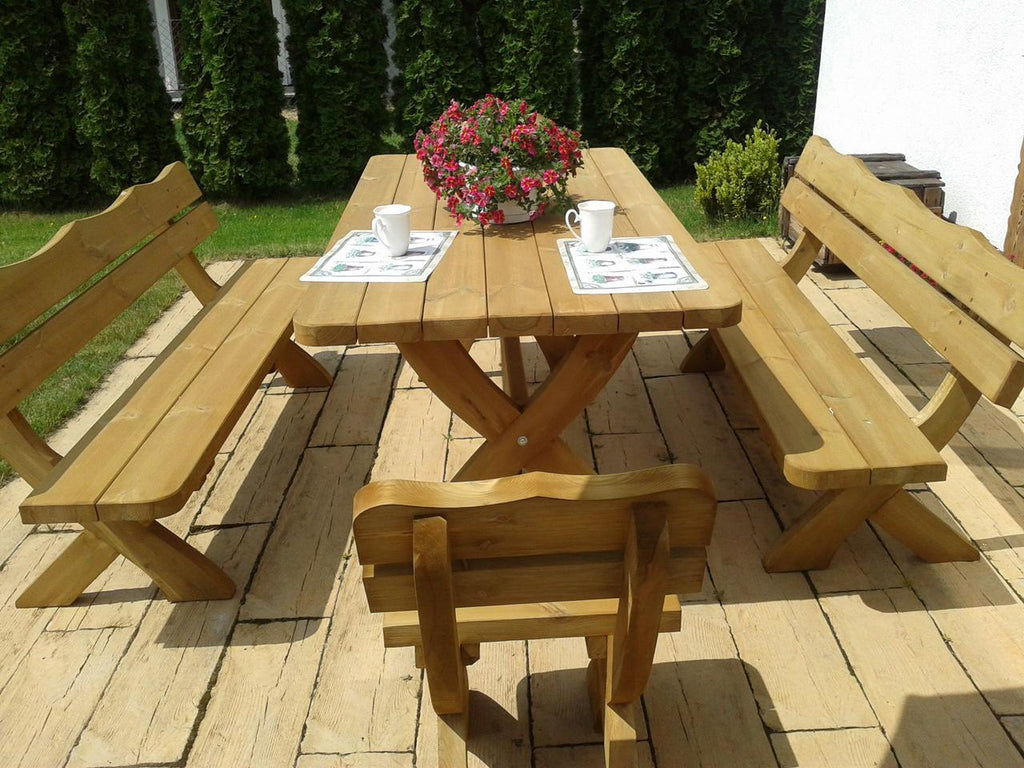 Gartenmöbel IM, Holzgartenmöbel, Tisch 180cm + 2 x Bank + 2 x Stuhl
