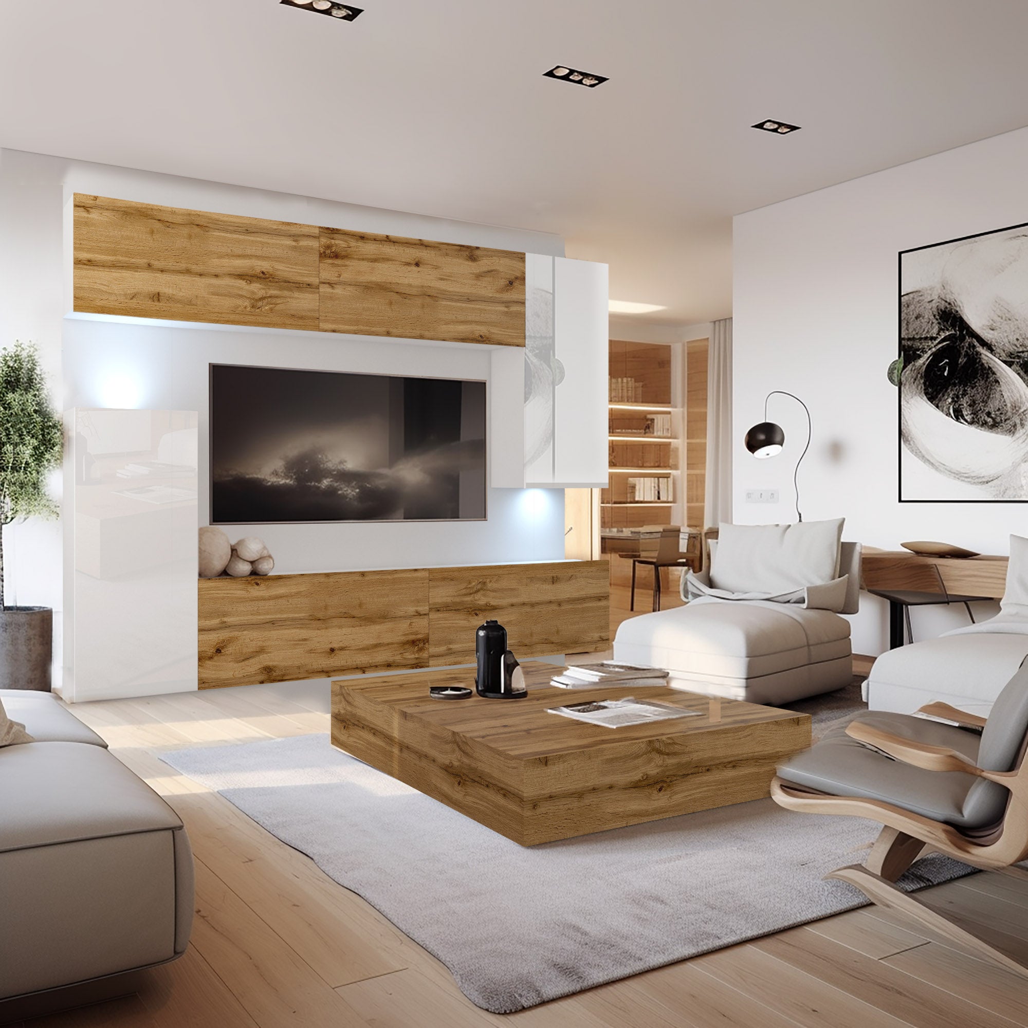 Wohnwand 8 DW/W mit LED Beleuchtung, Ohne Griffe. Breite 250 cm, Front Farbe Wotan