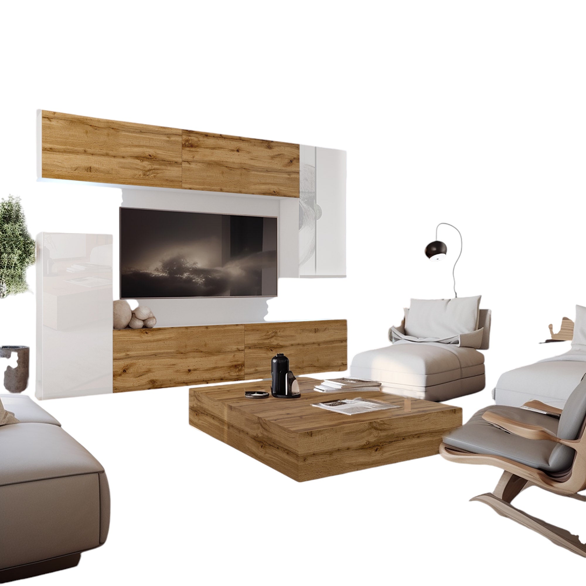 Wohnwand 8 DW/W mit LED Beleuchtung, Ohne Griffe. Breite 250 cm, Front Farbe Wotan