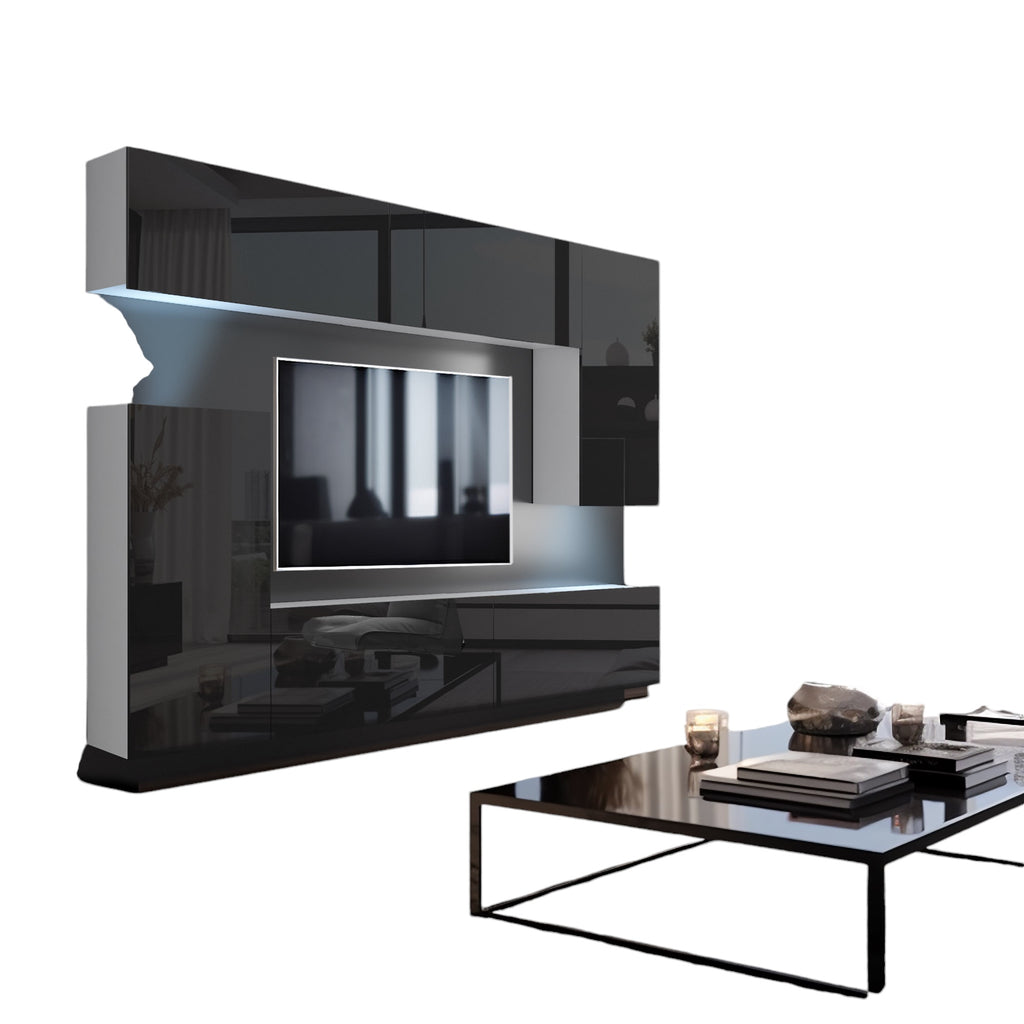 Wohnwand 8W/B mit LED Beleuchtung, Ohne Griffe. Breite 250 cm, Front Farbe wählbar