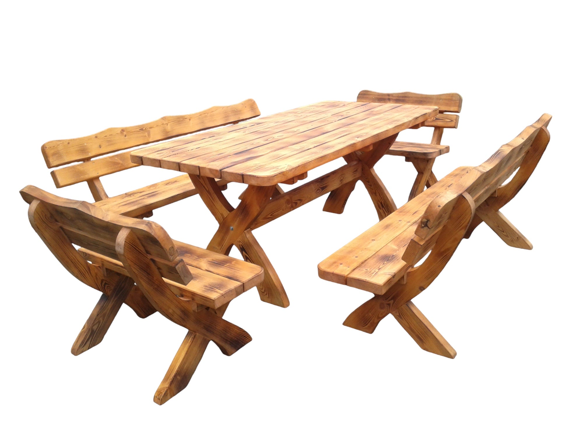 Gartenmöbel OJ, Holzgartenmöbel, Tisch + 2 Bänke + 2 kleine Bänke. Farbe geflammt