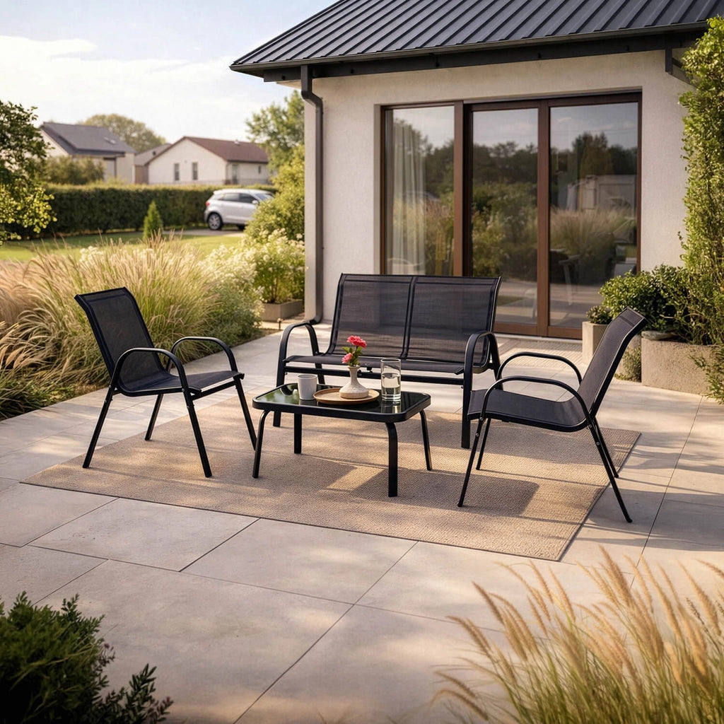 Gartenmöbel-Set EL-MINNES, Farbe Schwarz , Bank, Stühle, Tisch , Terrassen-Set