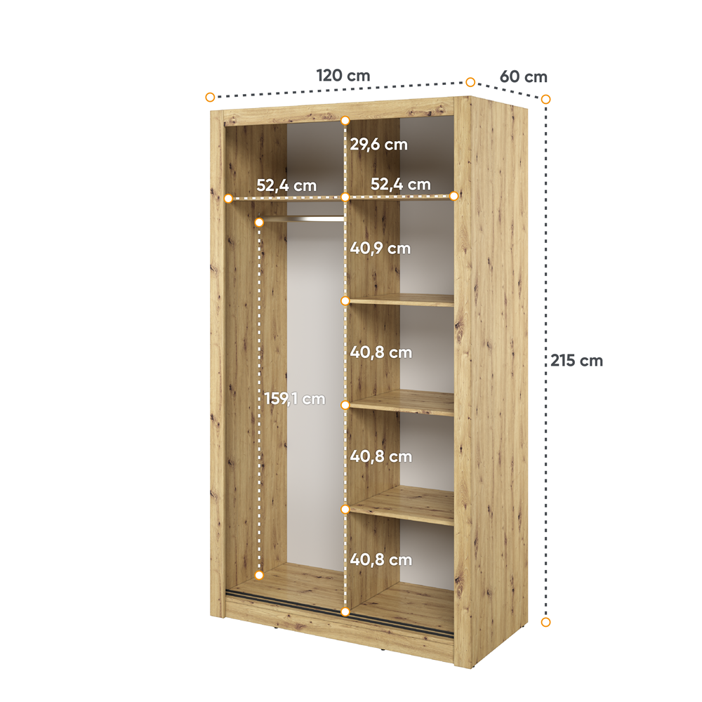 Kleiderschrank A-19, Schwebetürenschrank mit Spiegel. Breite 120 cm. Farbe wählbar