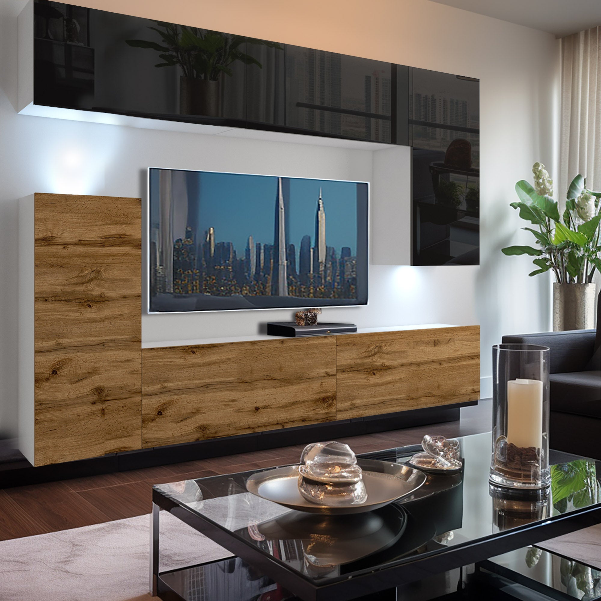 Wohnwand 8B/DW mit LED Beleuchtung, Ohne Griffe. Breite 250 cm, Front Farbe wählbar