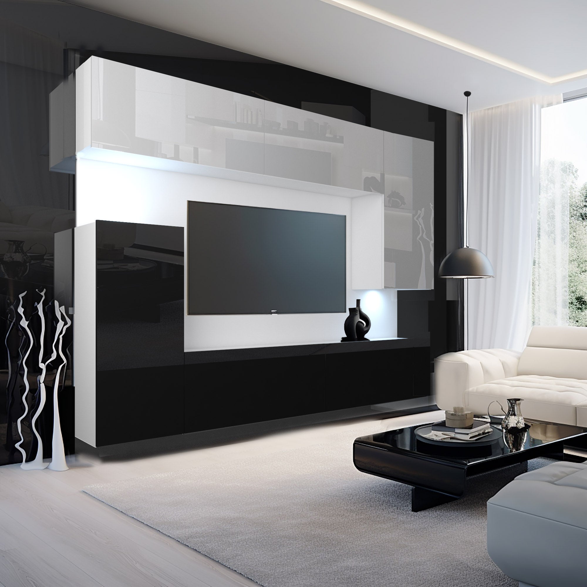 Wohnwand 8W/B mit LED Beleuchtung, Ohne Griffe. Breite 250 cm, Front Farbe wählbar