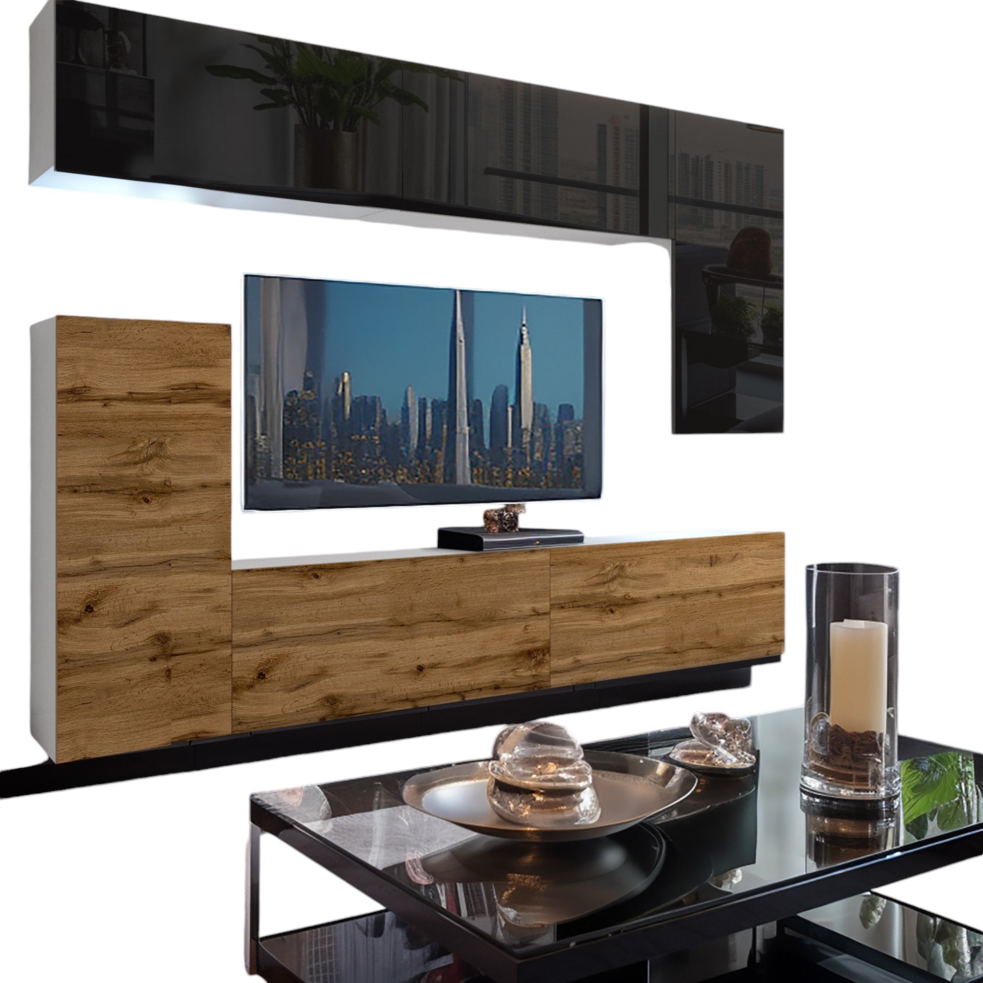 Wohnwand 8B/DW mit LED Beleuchtung, Ohne Griffe. Breite 250 cm, Front Farbe wählbar