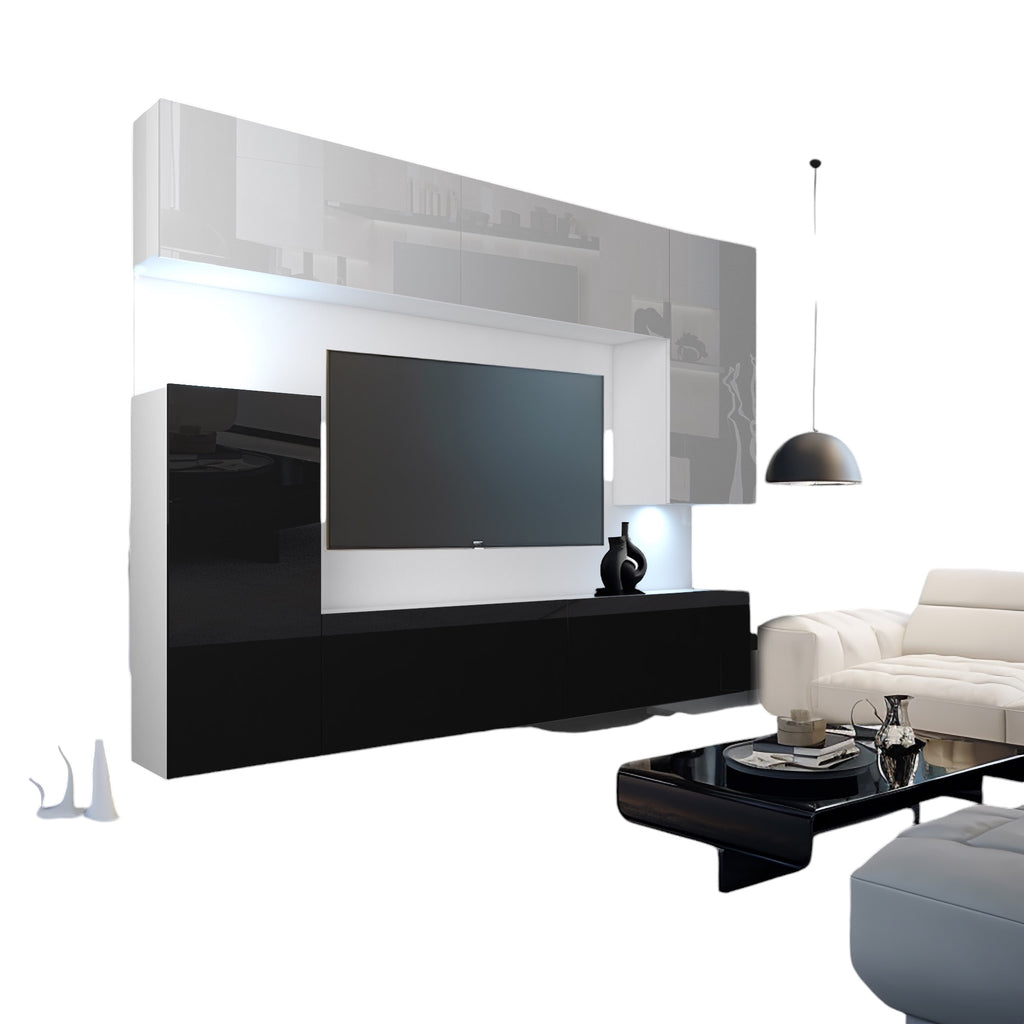 Wohnwand 8W/B mit LED Beleuchtung, Ohne Griffe. Breite 250 cm, Front Farbe wählbar