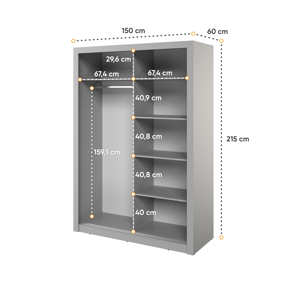 Kleiderschrank , A-18 Schwebetürenschrank mit Spiegel. Breite 150 cm. Farbe wählbar